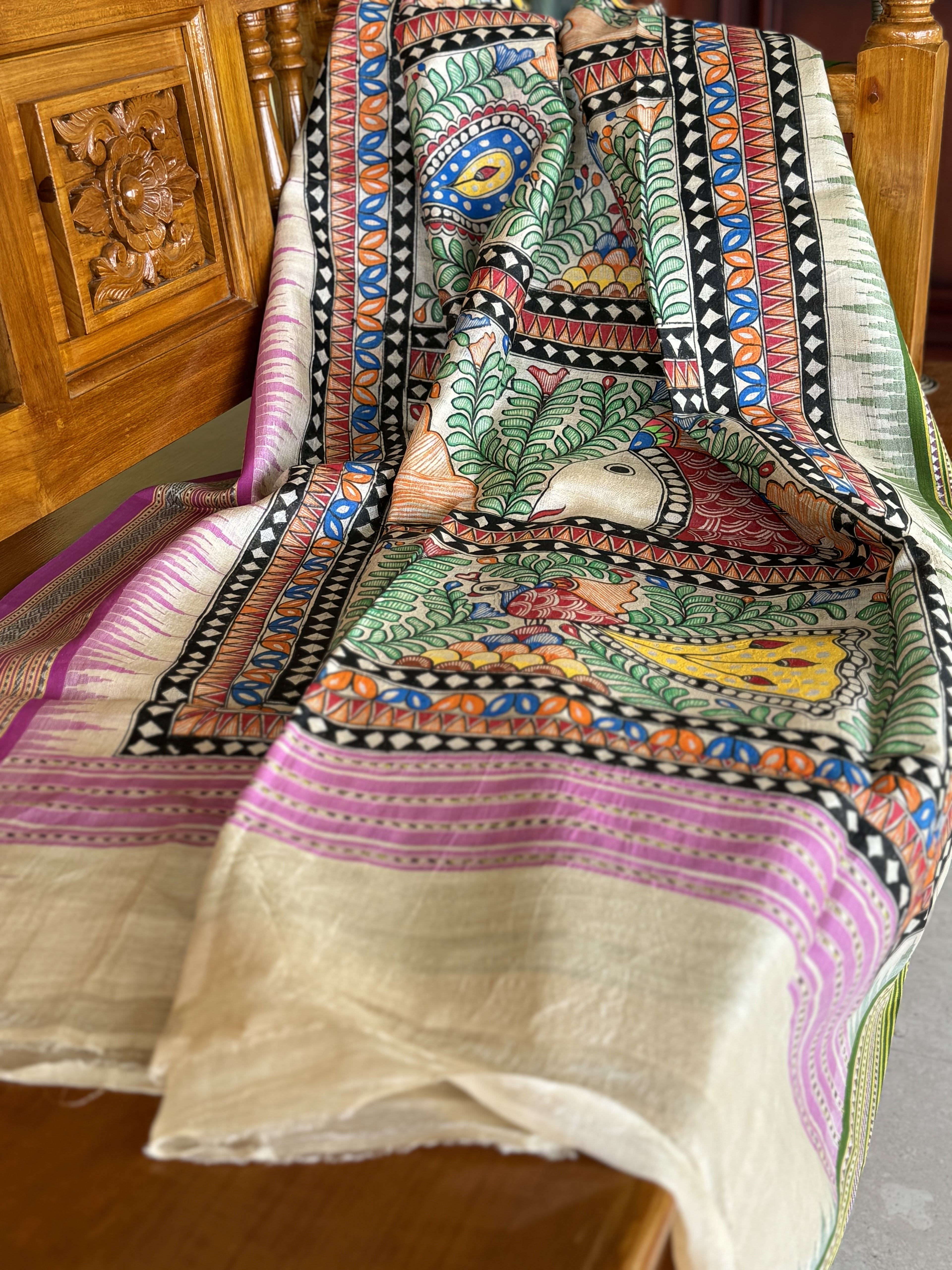 Handdrawn Handpainted Mithila folk art Madhubani painting Dupatta on vidharbha Tussarsilk