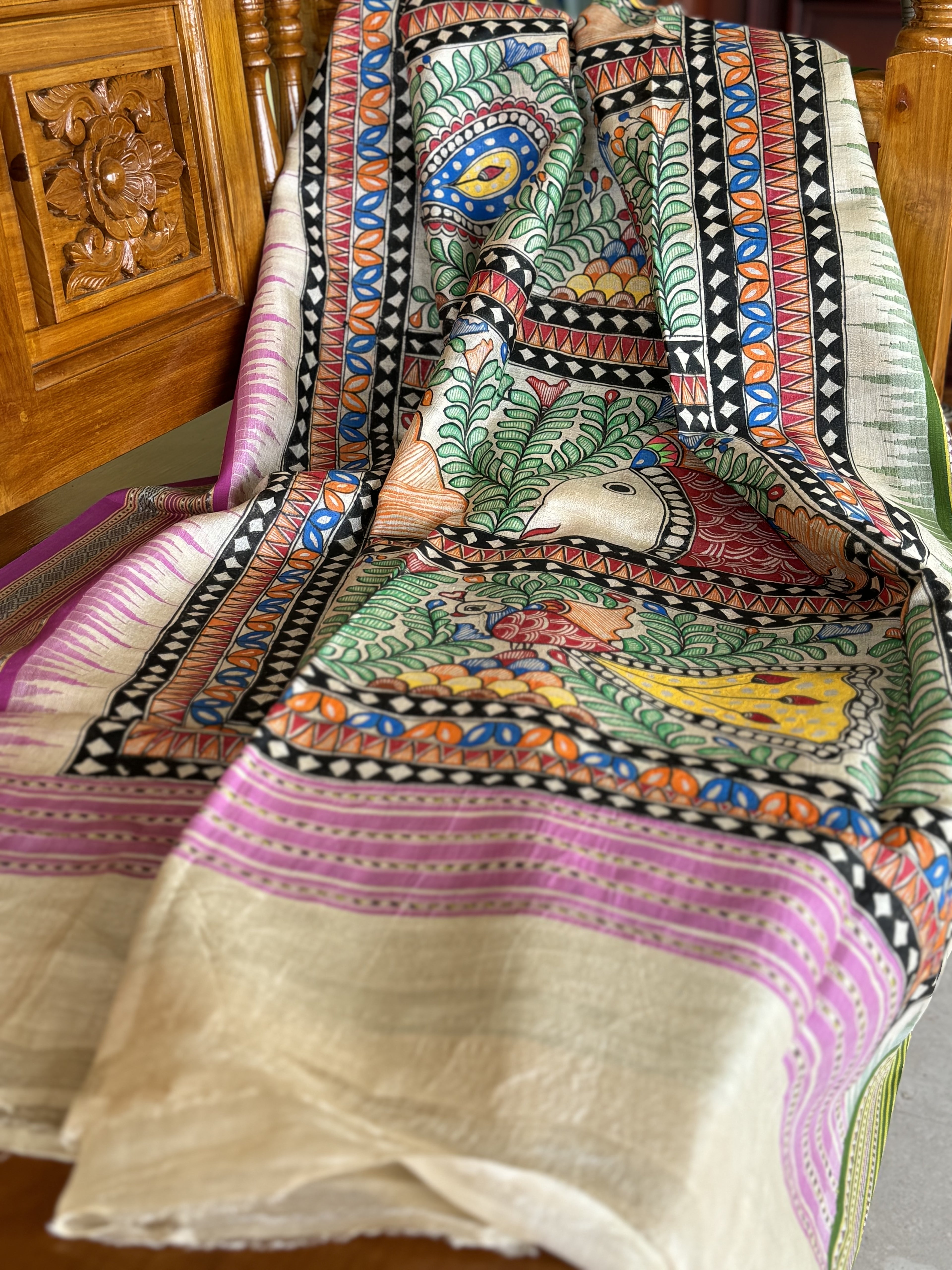 Handdrawn Handpainted Mithila folk art Madhubani painting Dupatta on vidharbha Tussarsilk