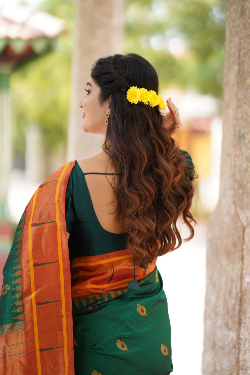 Single Muniya Paithani Silk Saree in Bottlegreen