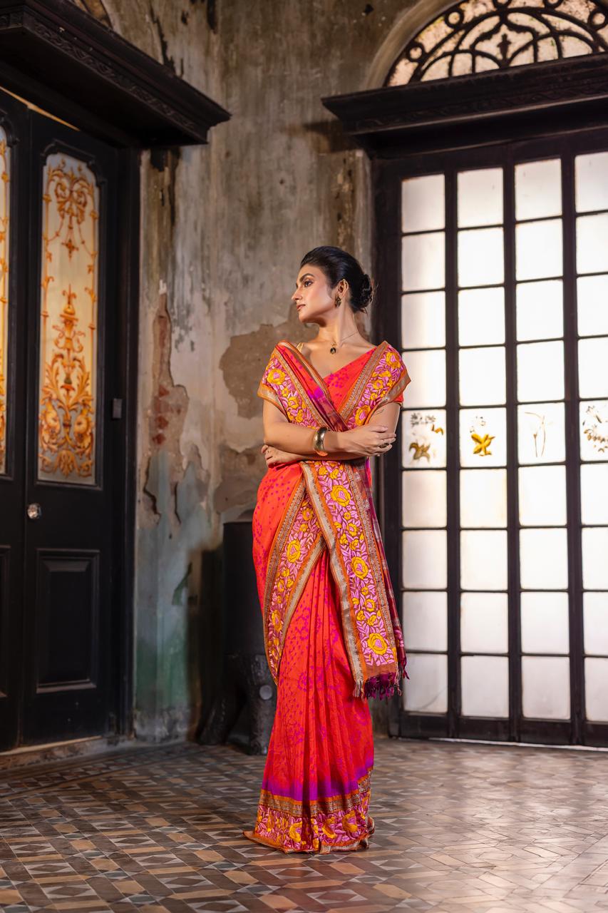 Parsi Gara with Rai Bhandej stunning Korvai Kanchivaram in rustic orange with pink