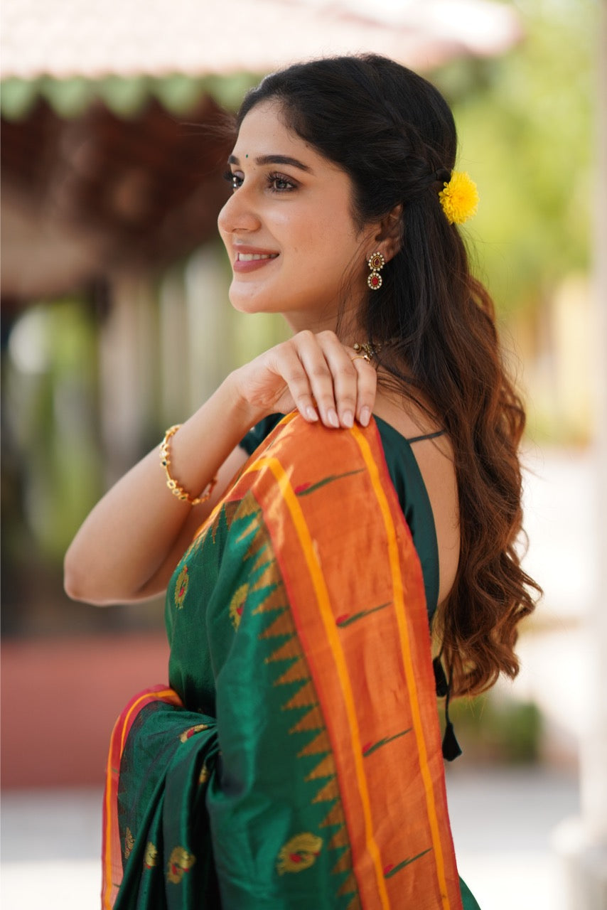 Single Muniya Paithani Silk Saree in Bottlegreen