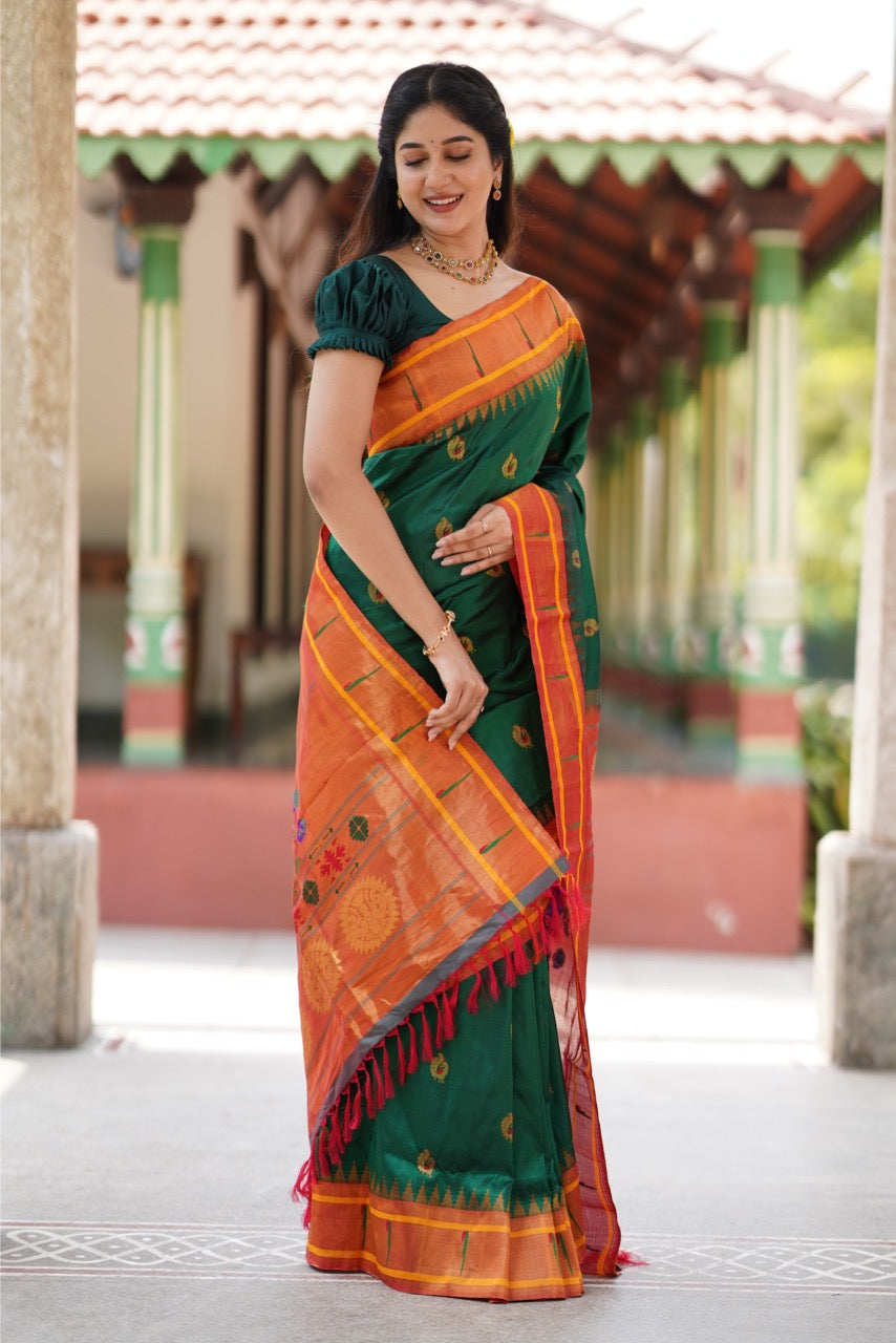 Single Muniya Paithani Silk Saree in Bottlegreen