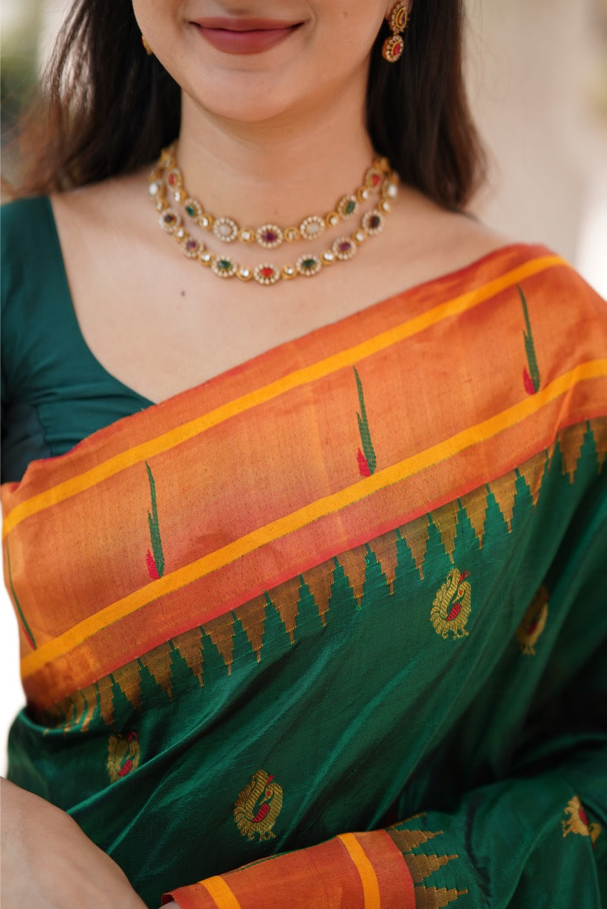 Single Muniya Paithani Silk Saree in Bottlegreen