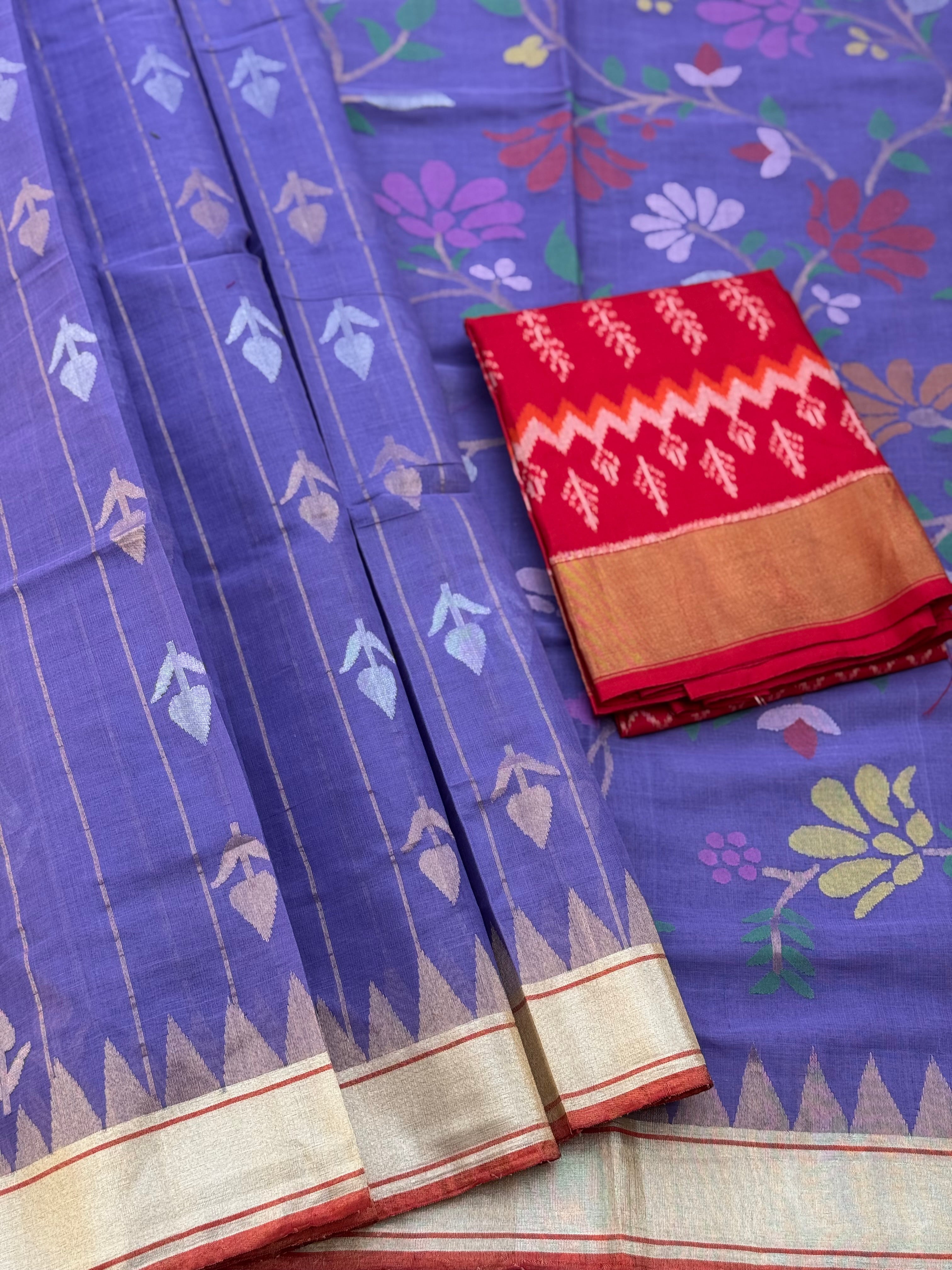 Lavender Handspun and handwoven ponduru Khadhi cotton saree with Jamdani stripes and floral buttas