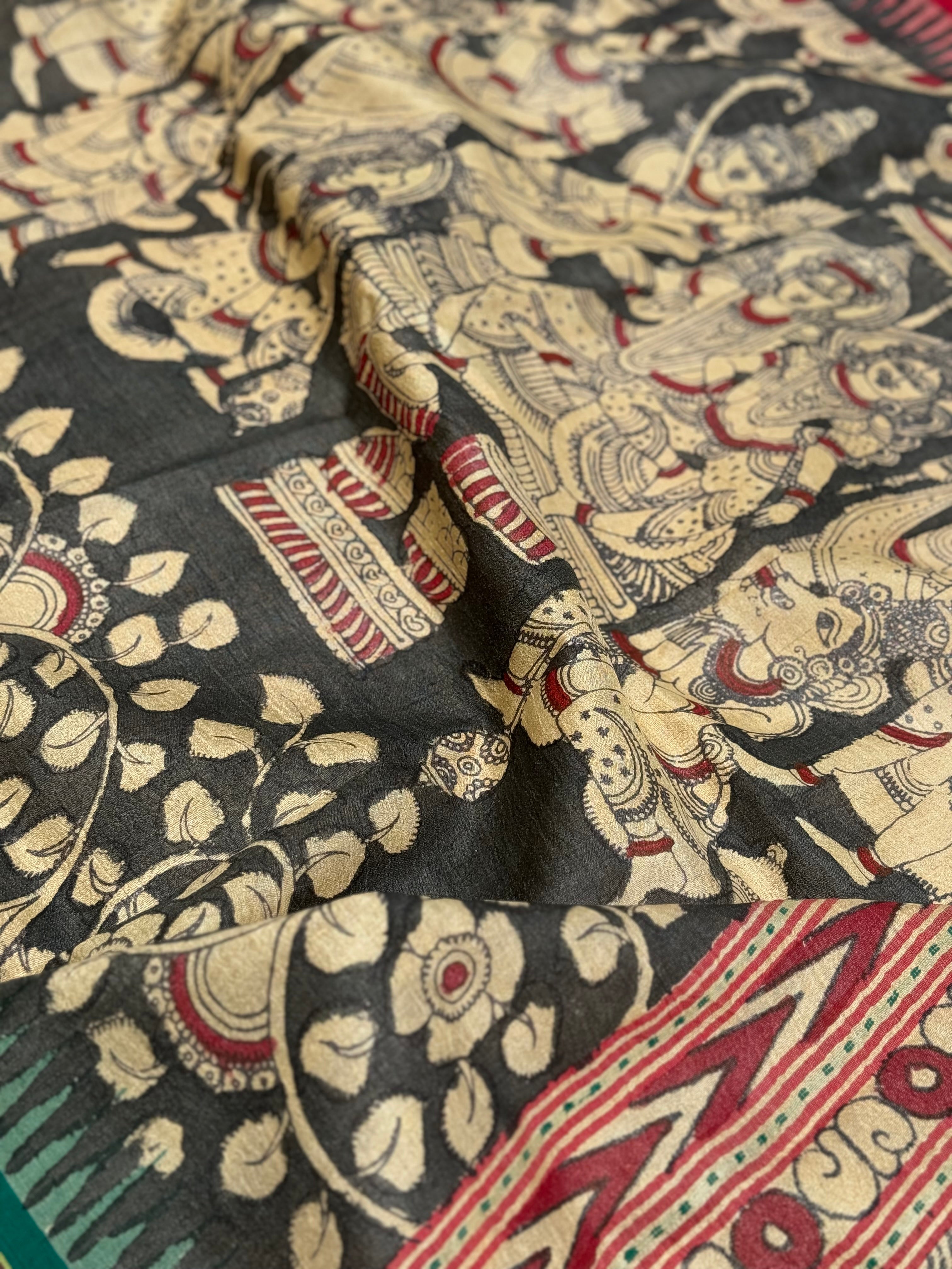 Handdrawn Handpainted Penkalamkari Dupatta on Karvati Kinar Tussar silk Rama pattabhishekam depicted
