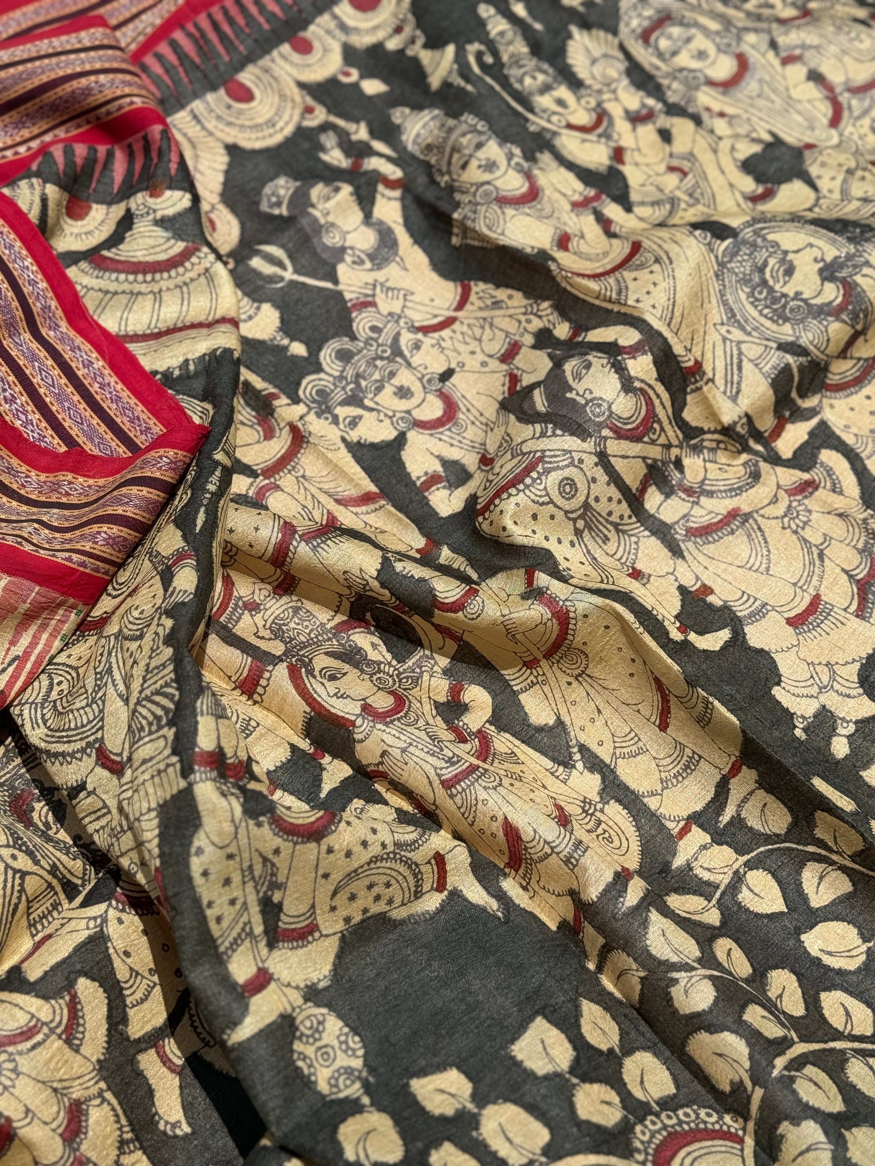 Handdrawn Handpainted Penkalamkari Dupatta on Karvati Kinar Tussar silk Rama pattabhishekam depicted