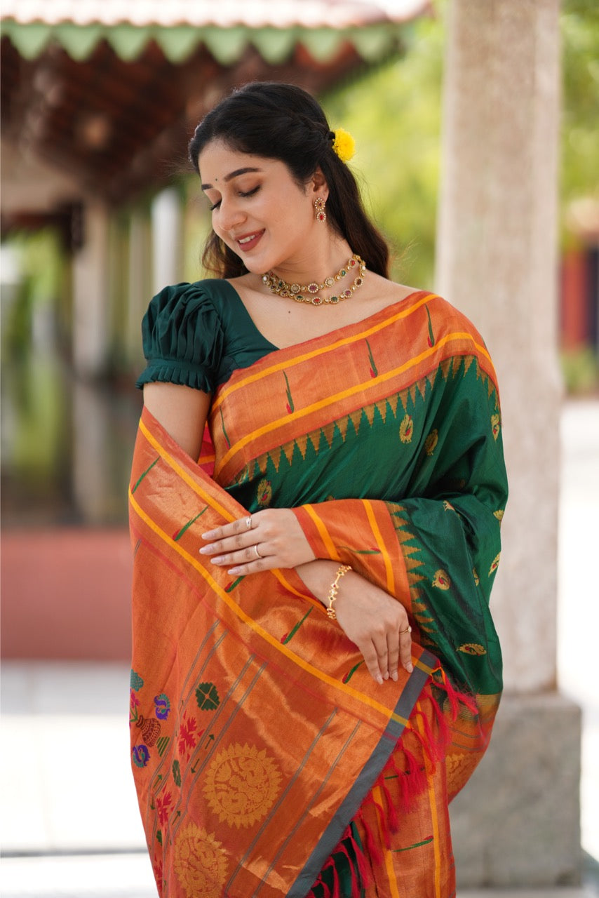 Single Muniya Paithani Silk Saree in Bottlegreen