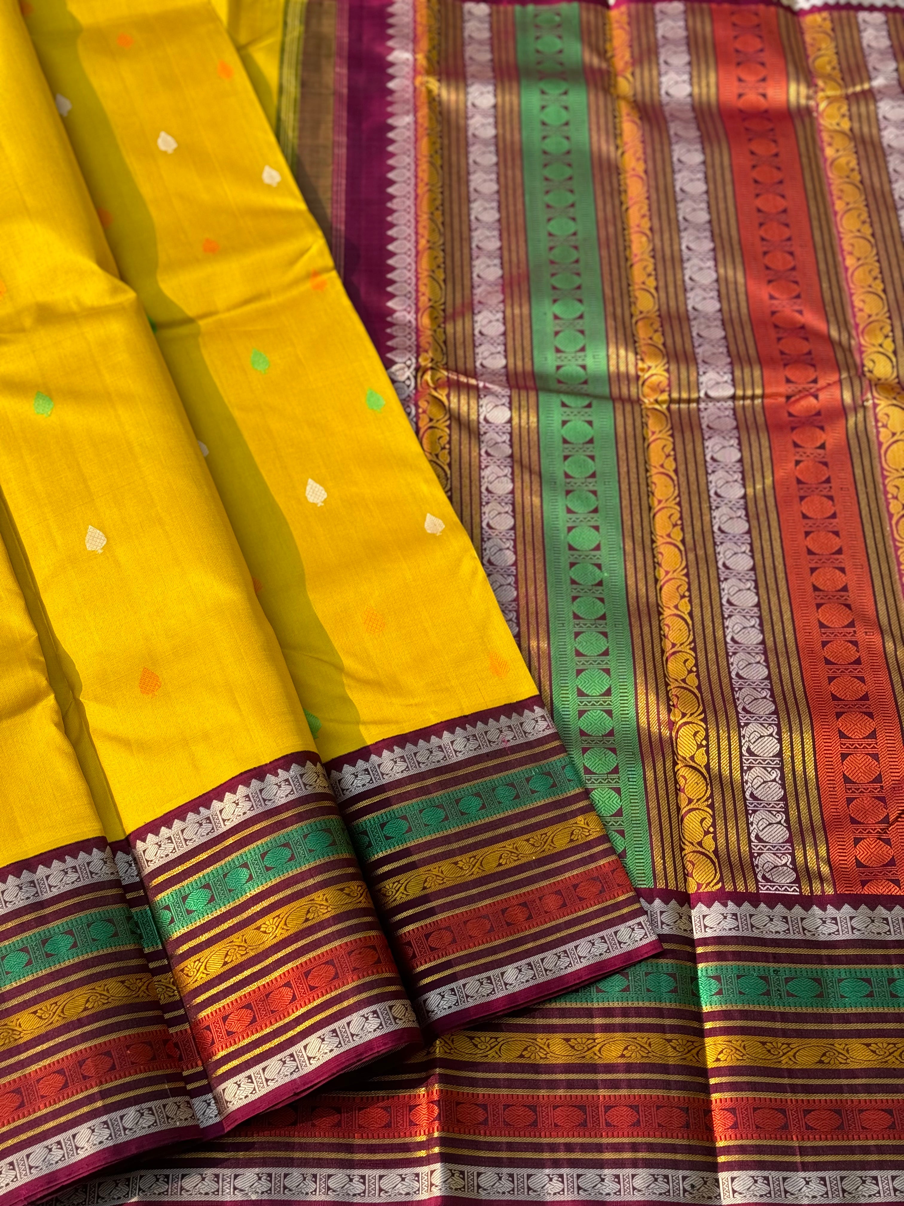 No Zari sampanga yellow with multicolour border korvai kanchivaram silk saree with thread work korvai