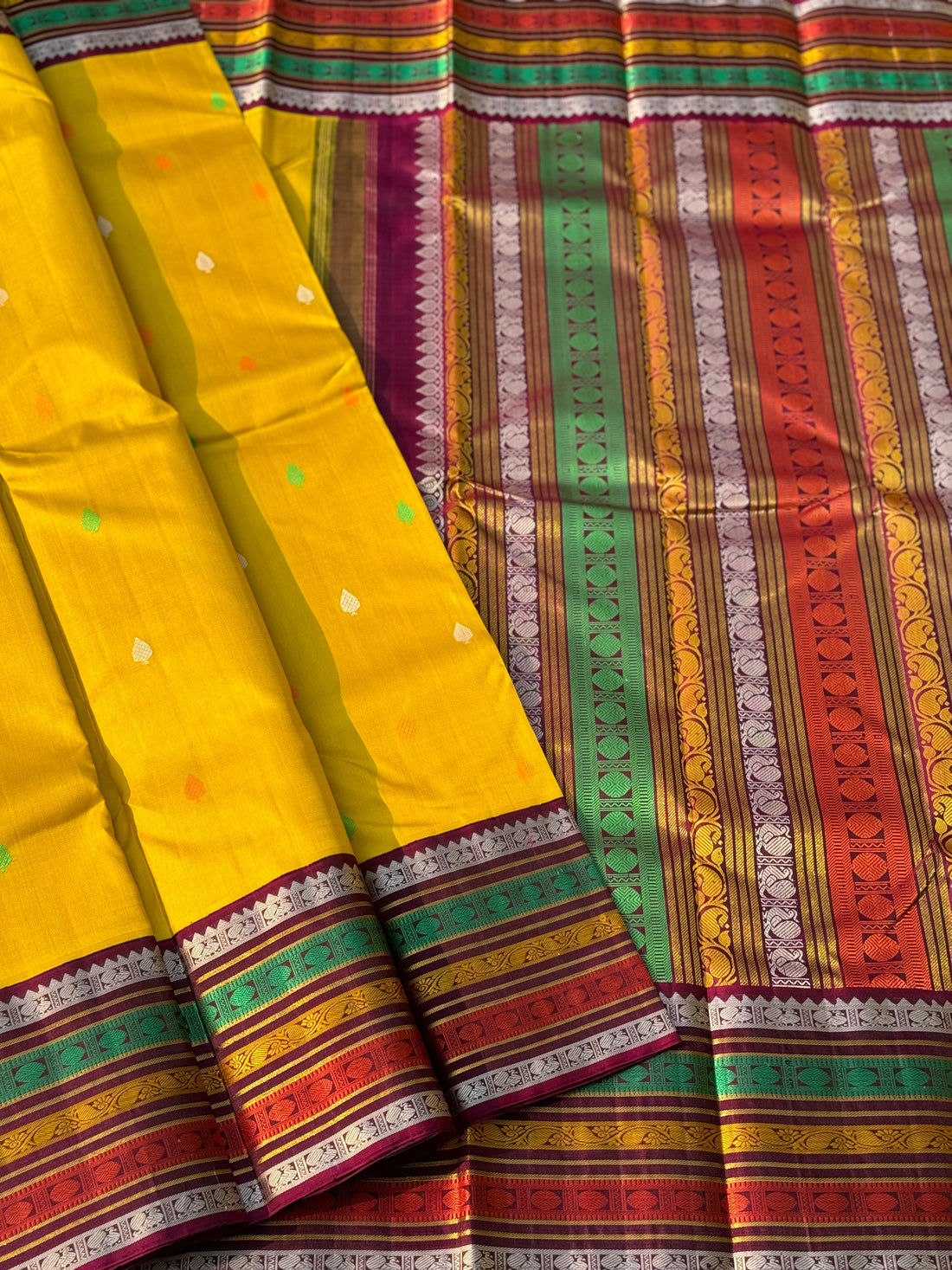 No Zari sampanga yellow with multicolour border korvai kanchivaram silk saree with thread work korvai