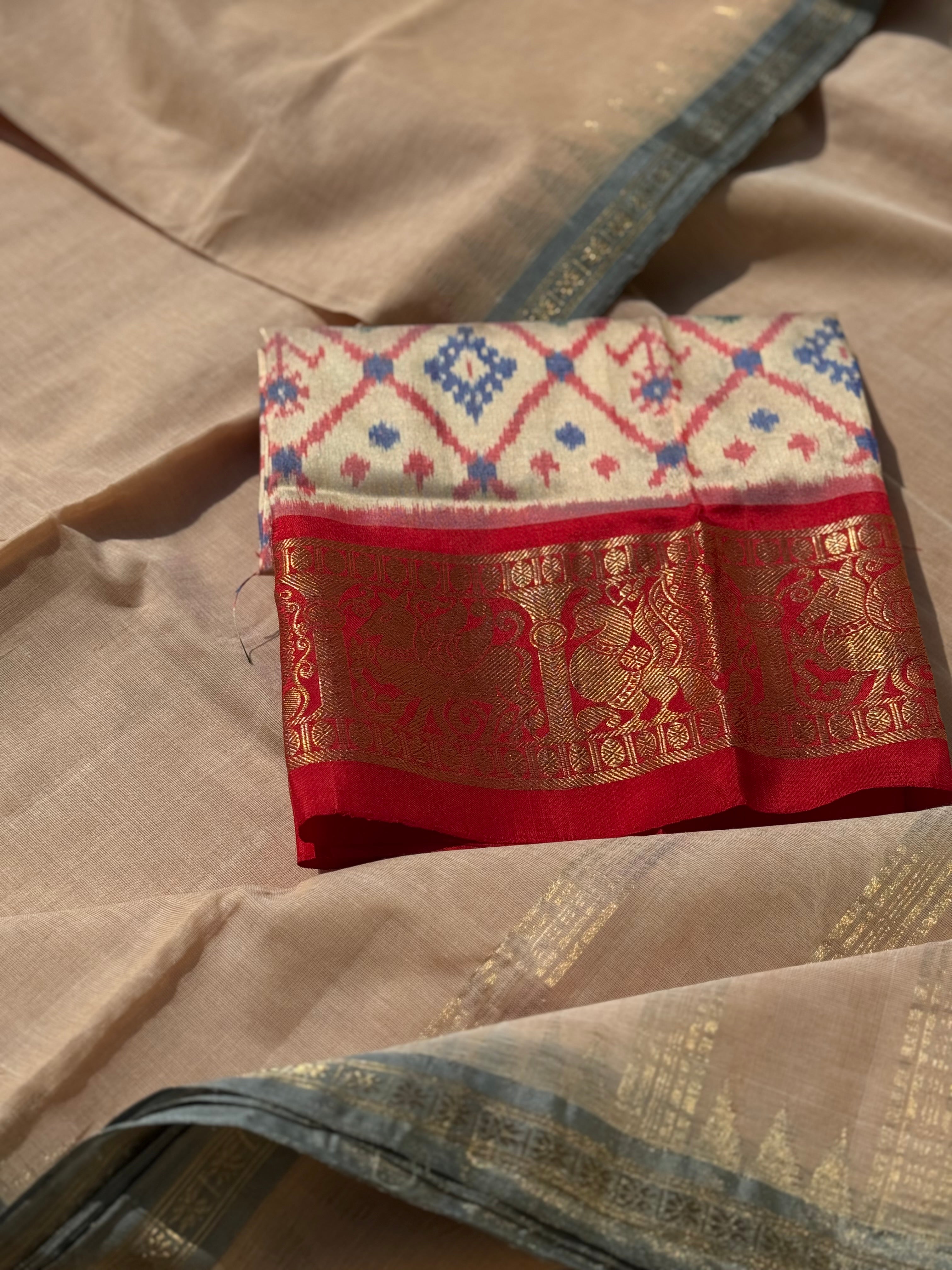 Handspun Khadhi cotton saree with grey dobby border with tissue blouse