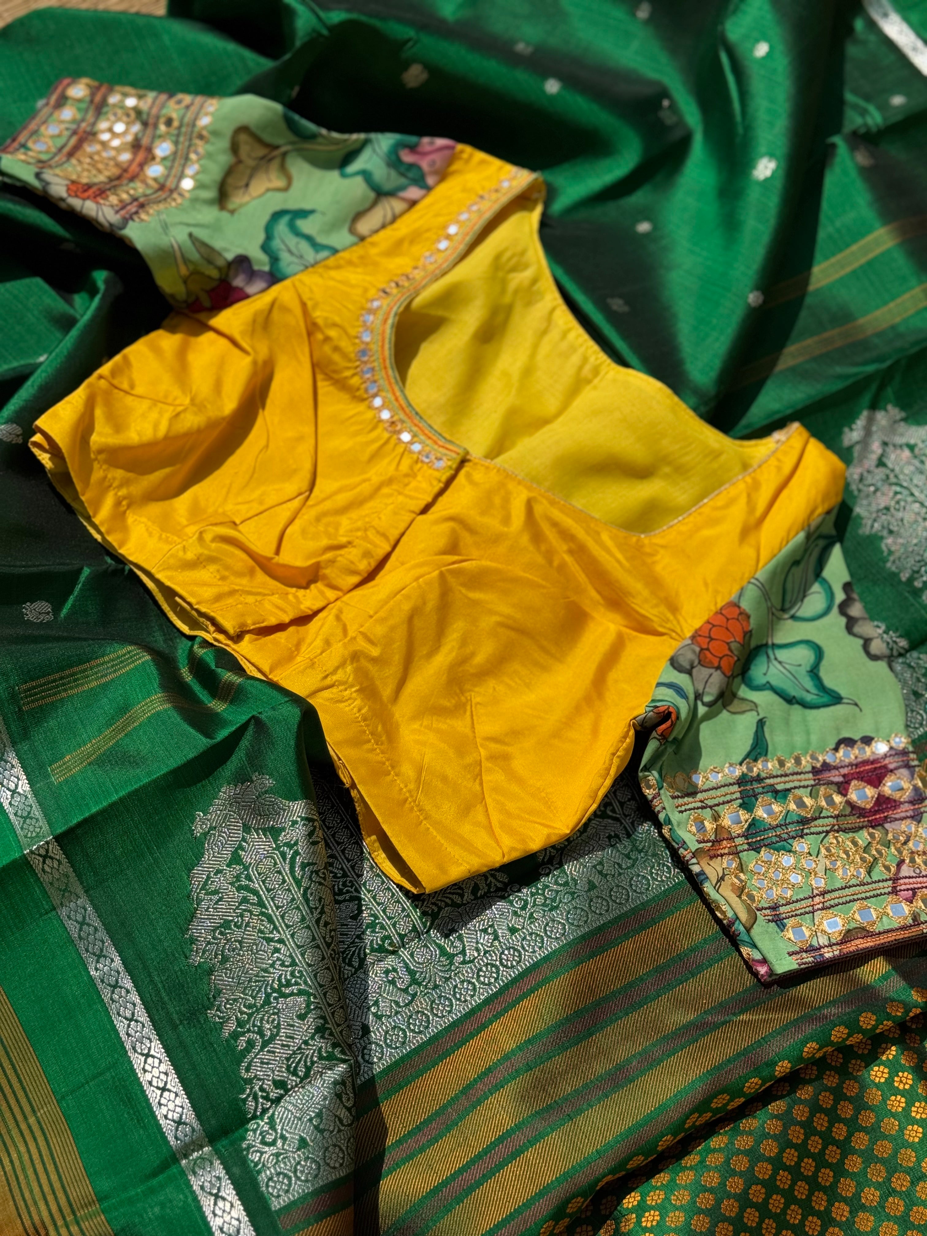 Yellow seagreen silk blouse handdrawn hand painted penkalamkari and zardosi embellished