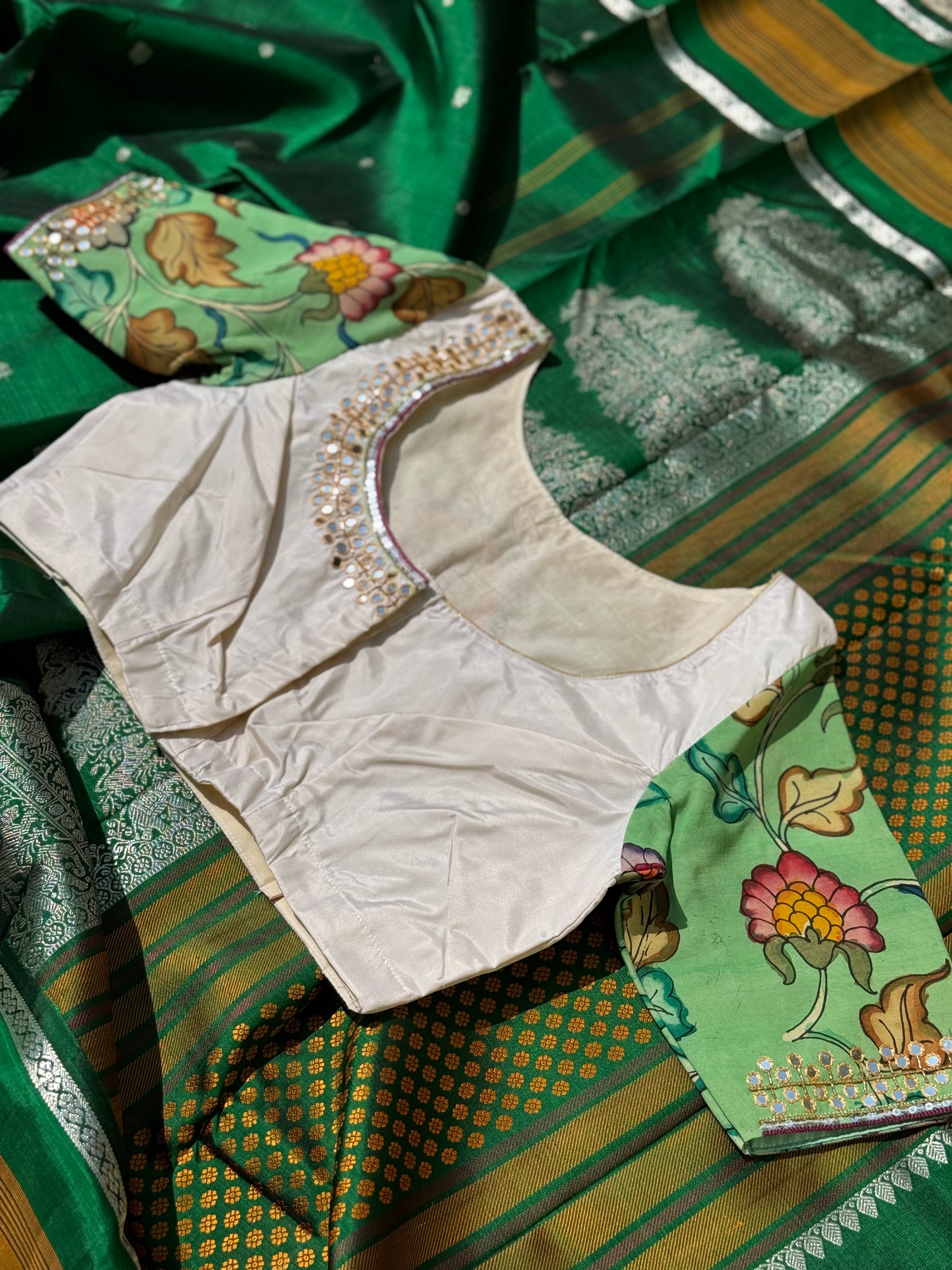 Seagreen with ivory silk blouse handdrawn hand painted penkalamkari and zardosi embellished