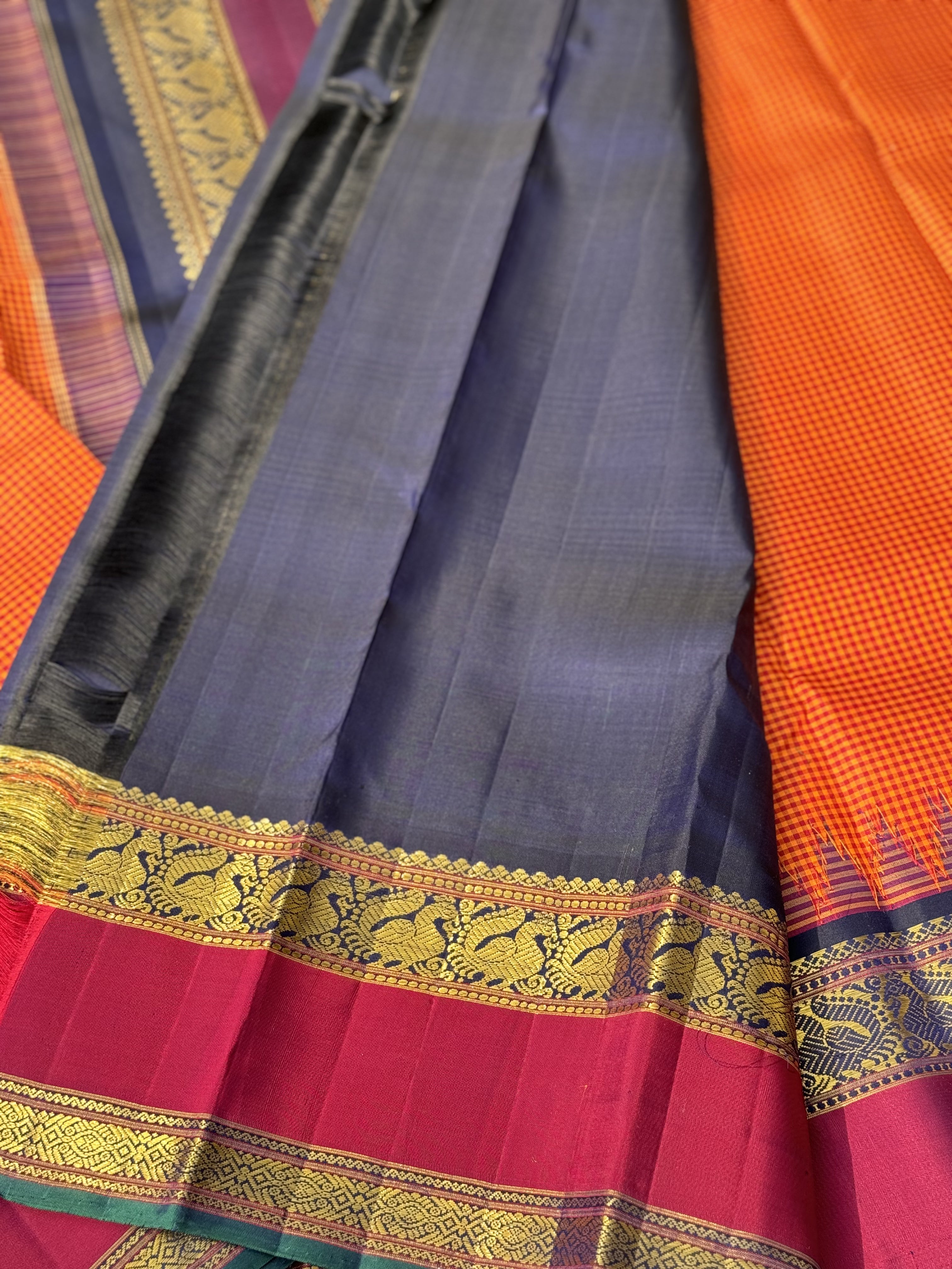 KADHAMBAM KANCHI - A grandeur burnt orange with deep navy blue korvai temple  and zari border kanchivaram silk SAREE