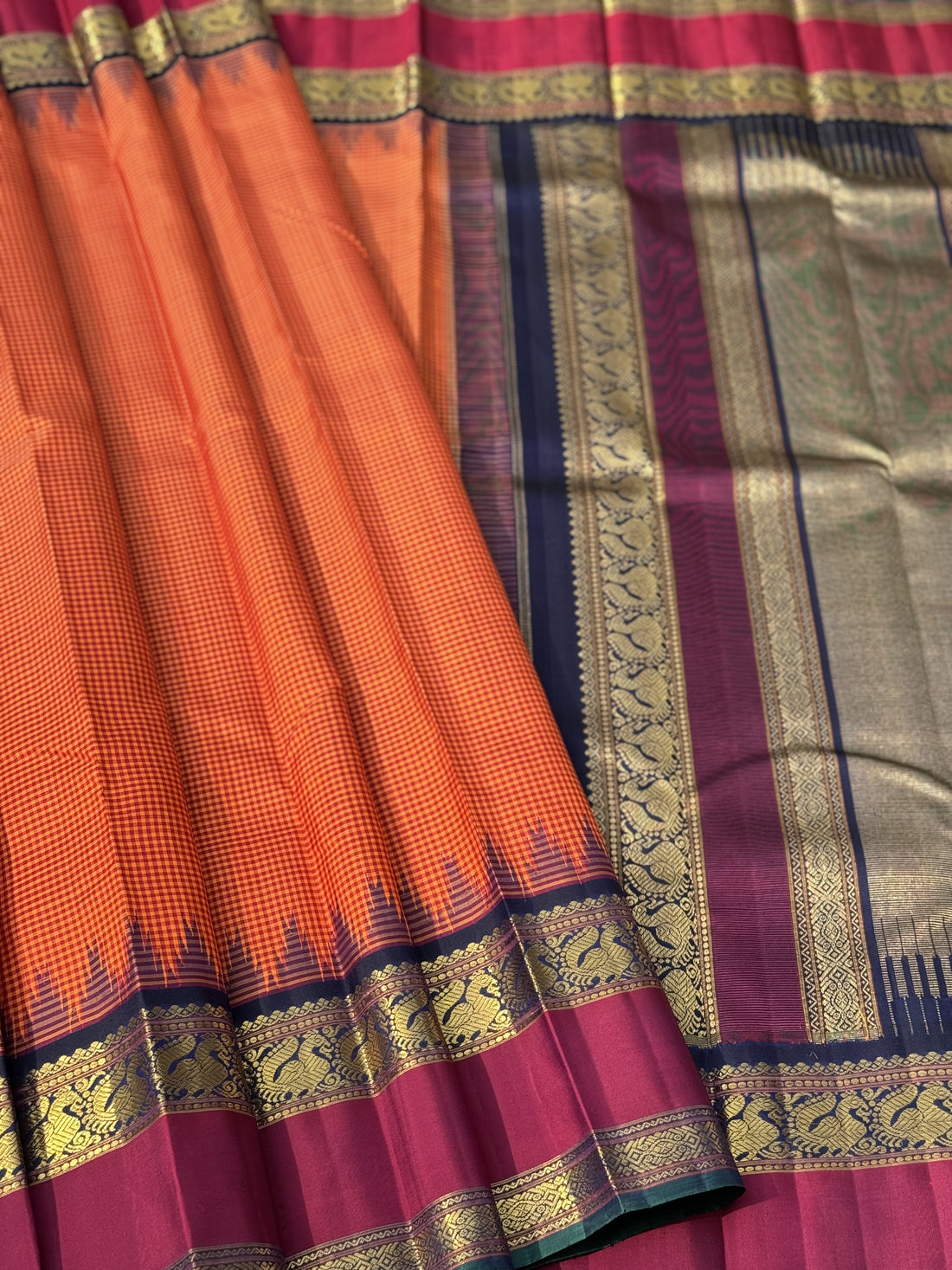 KADHAMBAM KANCHI - A grandeur burnt orange with deep navy blue korvai temple  and zari border kanchivaram silk SAREE