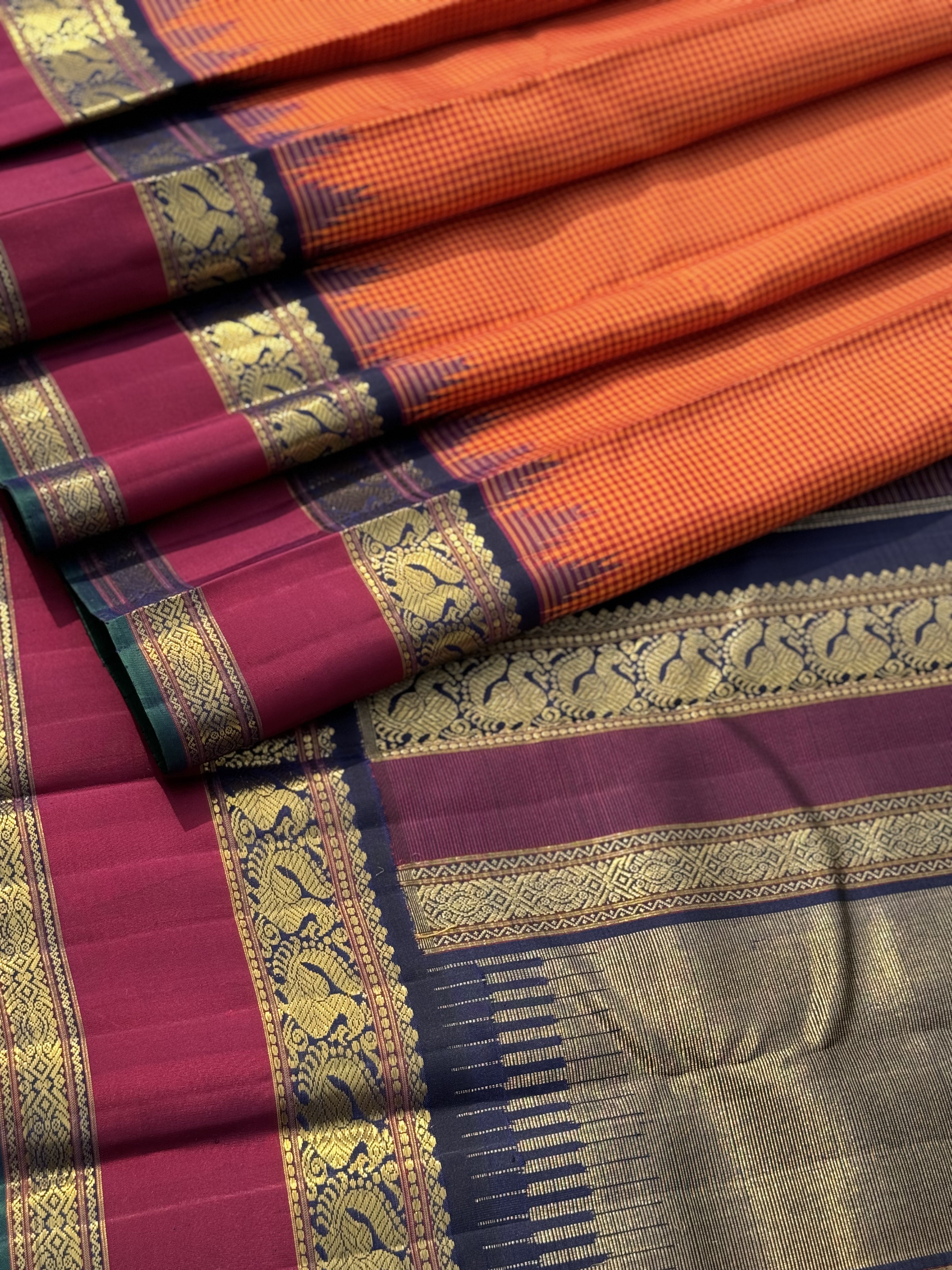 KADHAMBAM KANCHI - A grandeur burnt orange with deep navy blue korvai temple  and zari border kanchivaram silk SAREE
