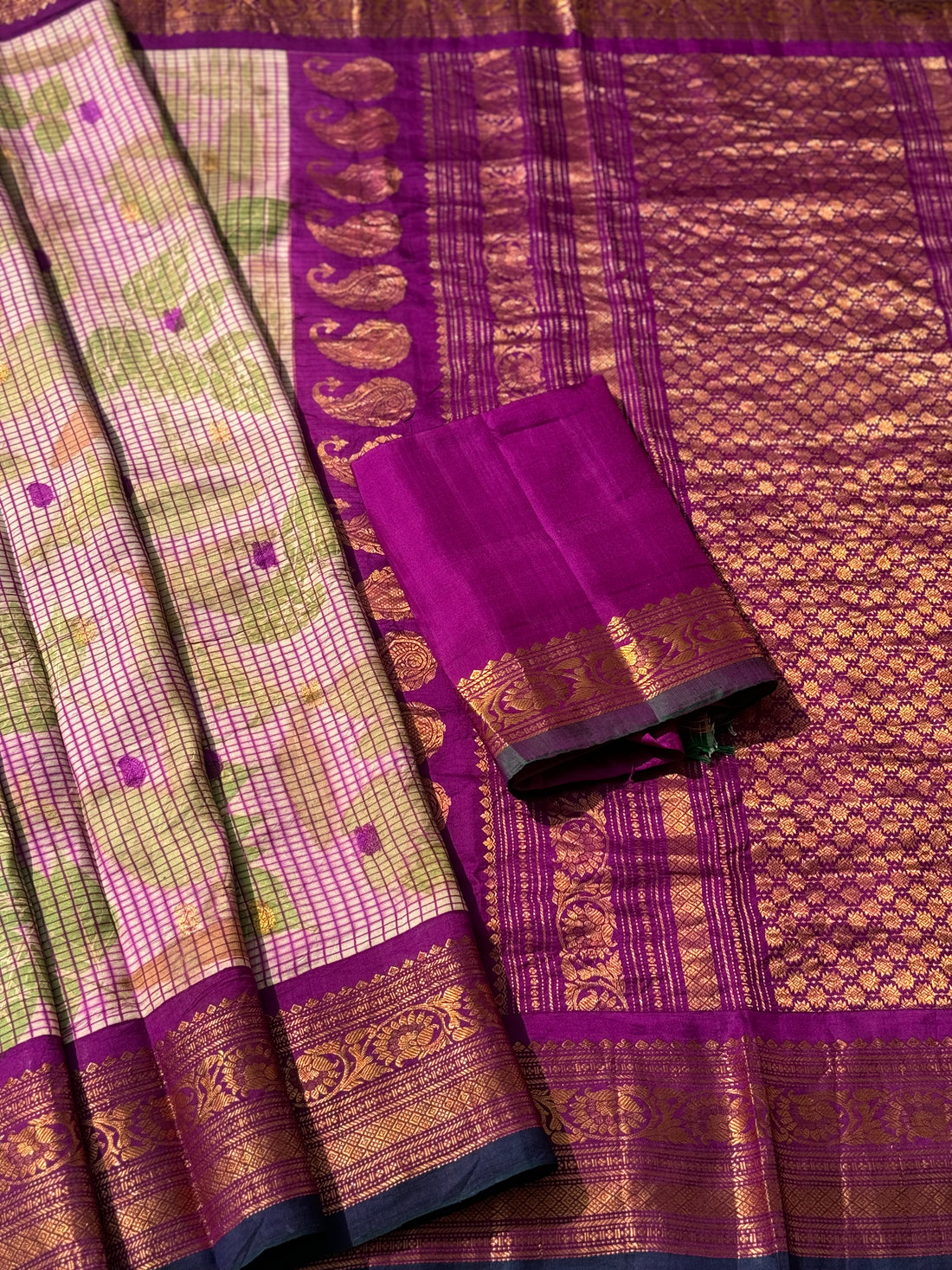 A pearl white with checks purple Natural Handmade Ecoprints gadwal silk saree