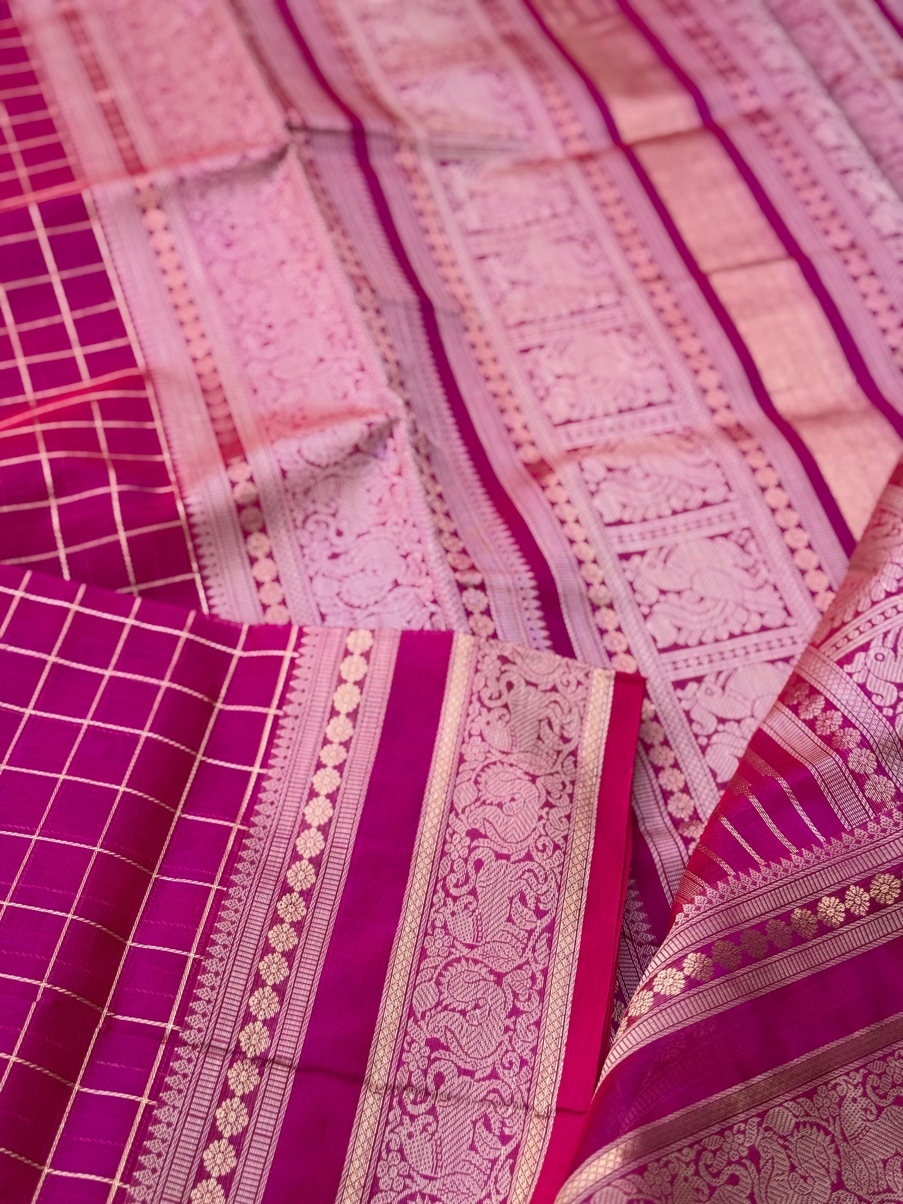 Rani pink zari checks Kanchi Silk Cotton Saree