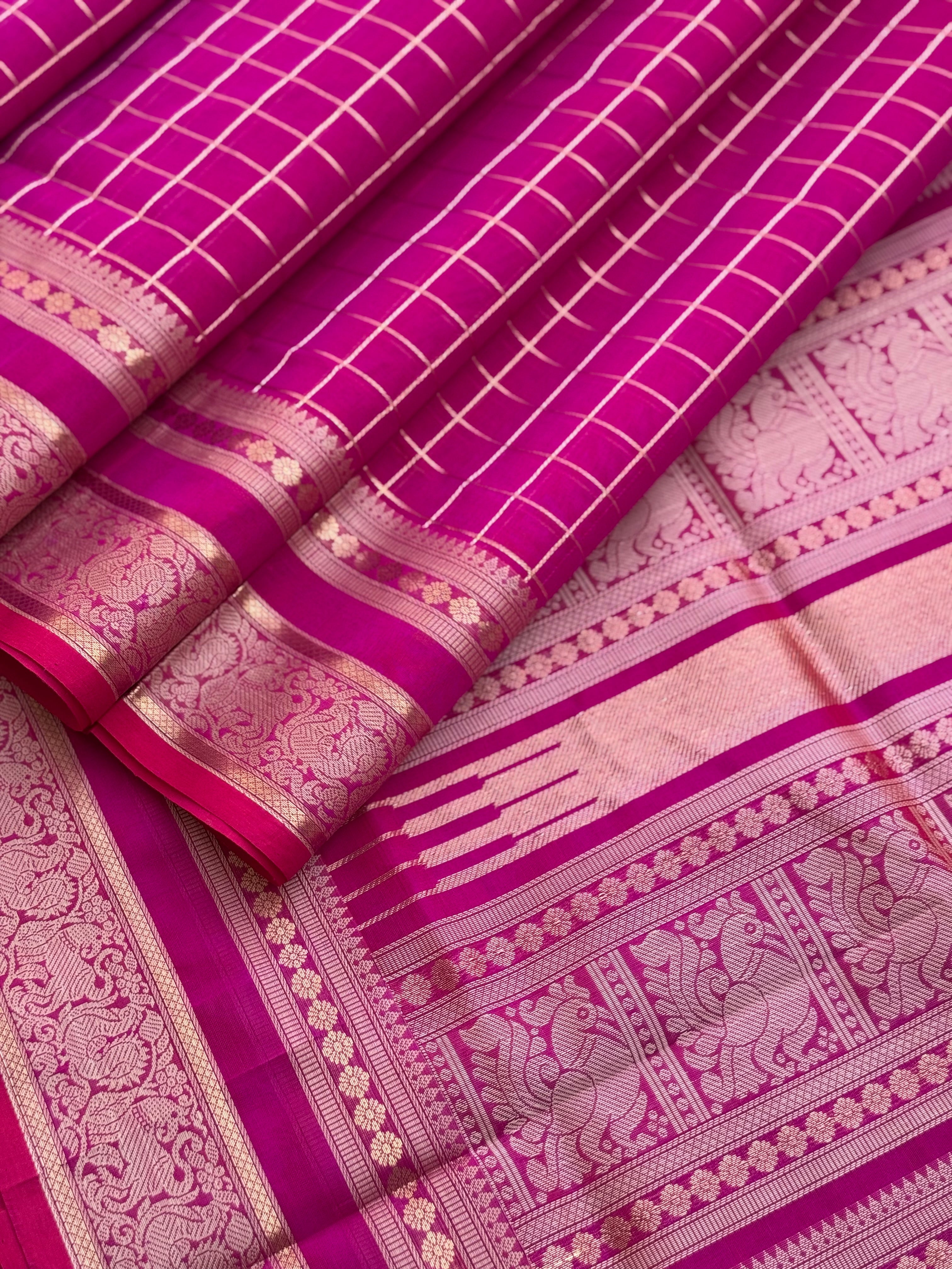 Rani pink zari checks Kanchi Silk Cotton Saree