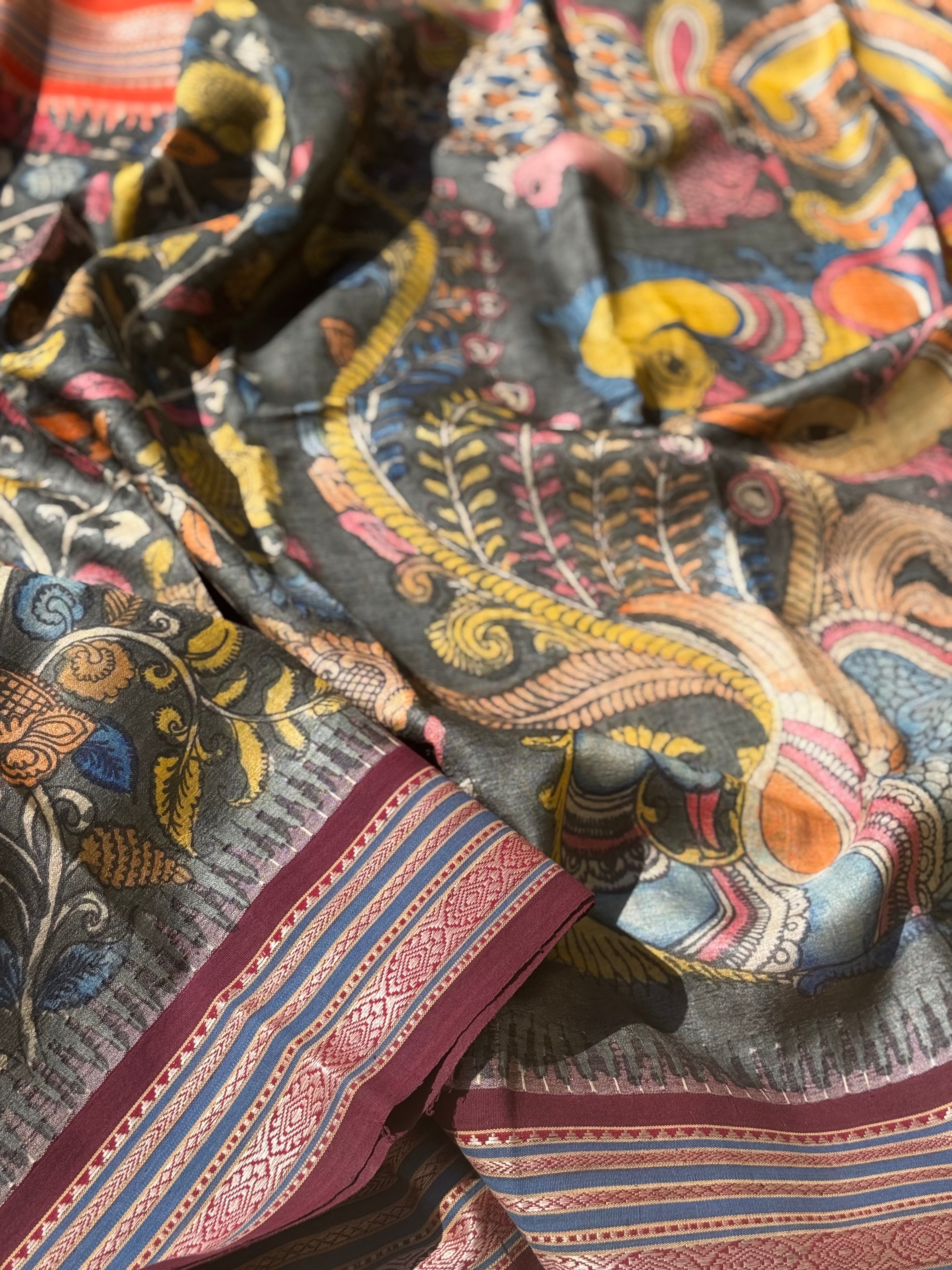 Handdrawn and Handpainted vidharbha TussarSilk Penkalamkari Saree