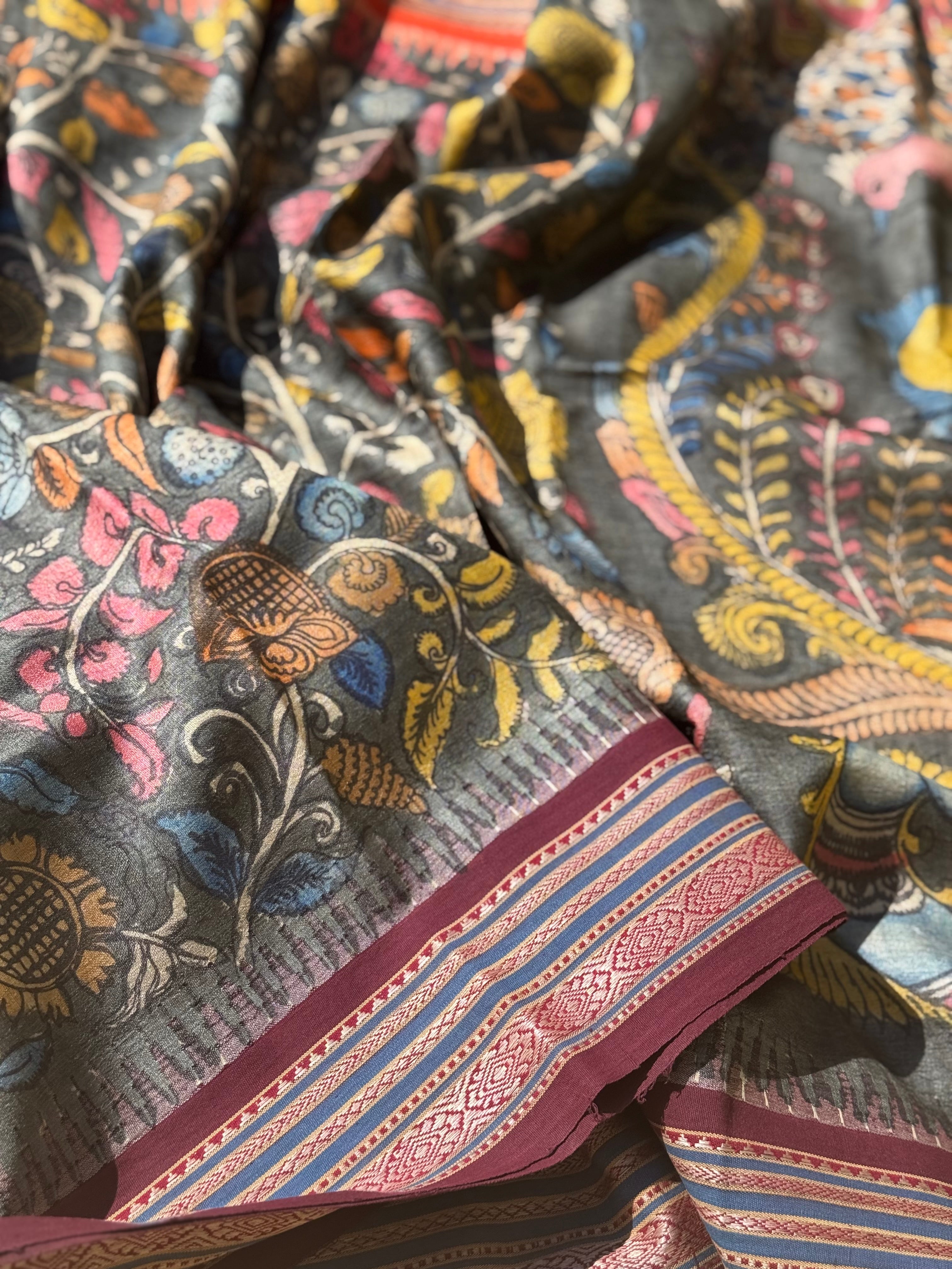 Handdrawn and Handpainted vidharbha TussarSilk Penkalamkari Saree