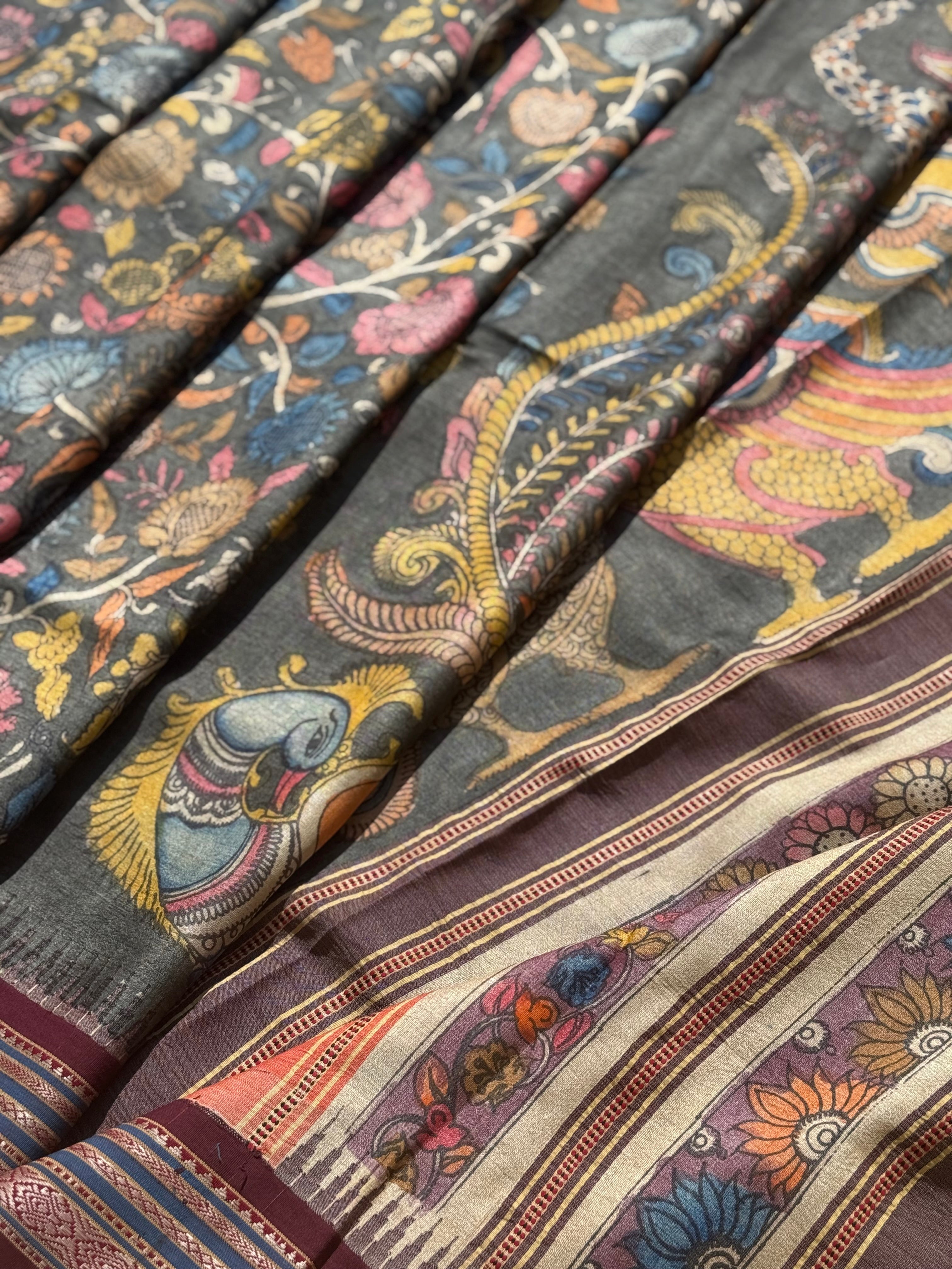 Handdrawn and Handpainted vidharbha TussarSilk Penkalamkari Saree