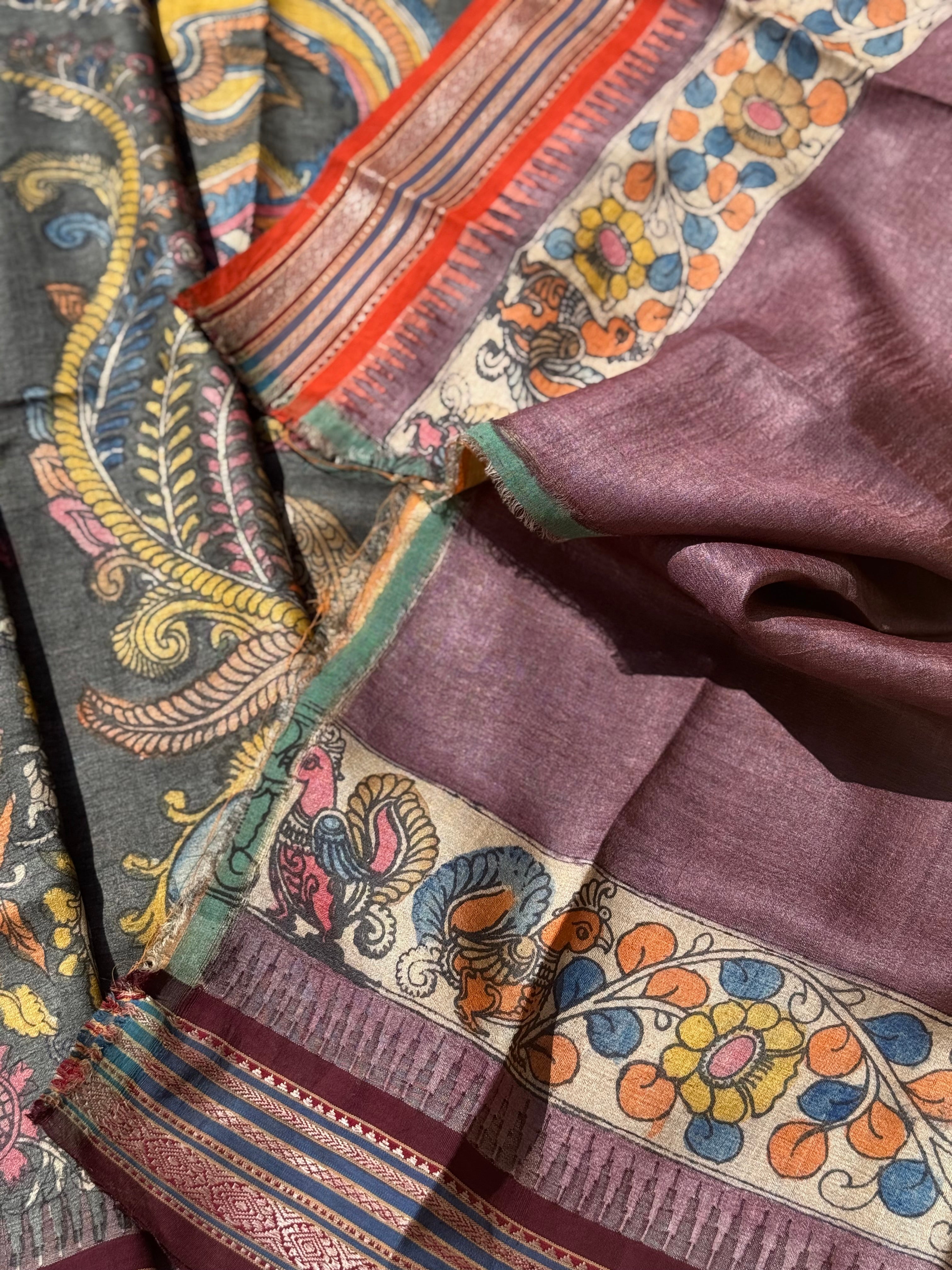 Handdrawn and Handpainted vidharbha TussarSilk Penkalamkari Saree