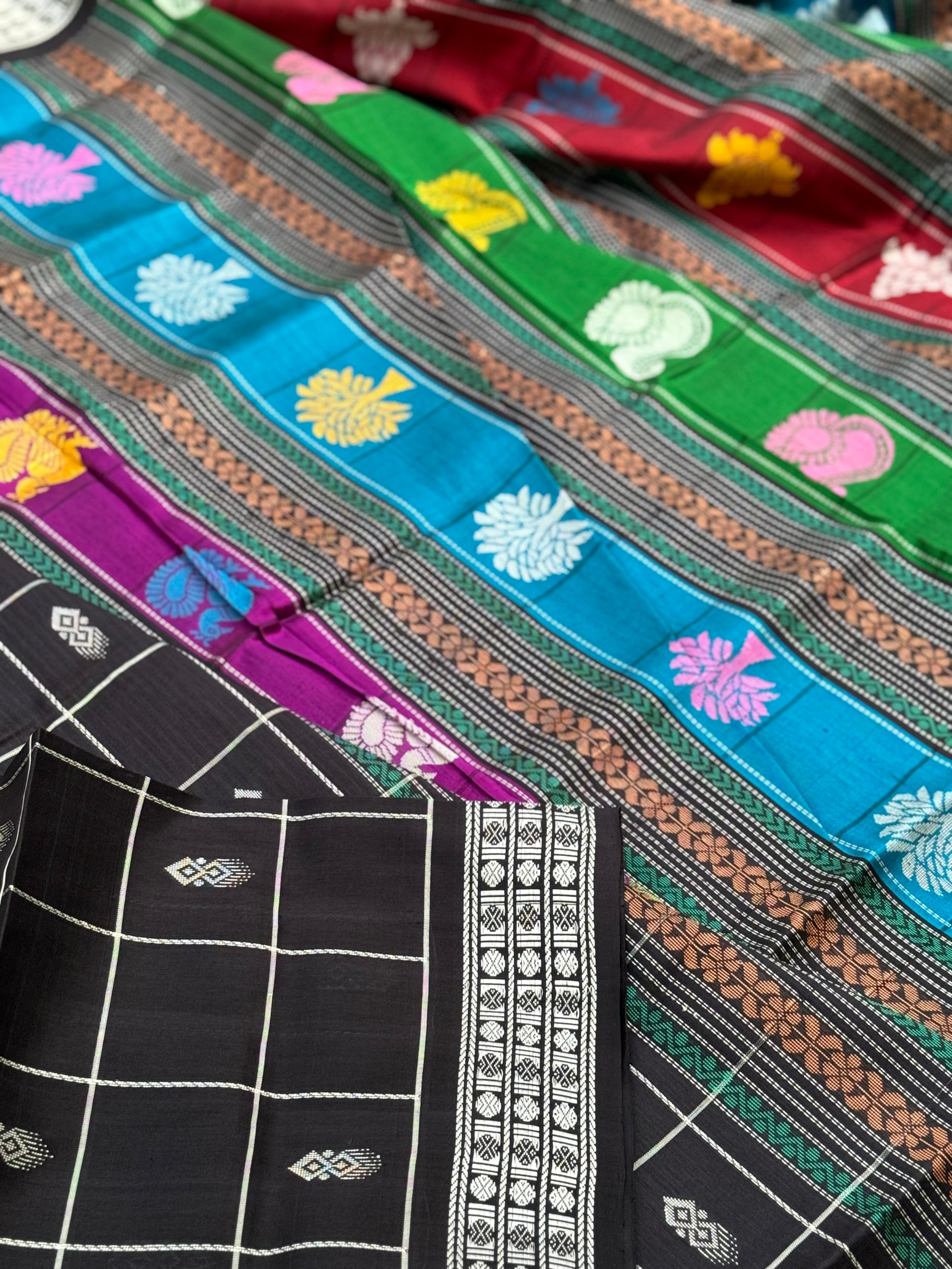 Black with multicoloured threadwork berhampuri silk patta