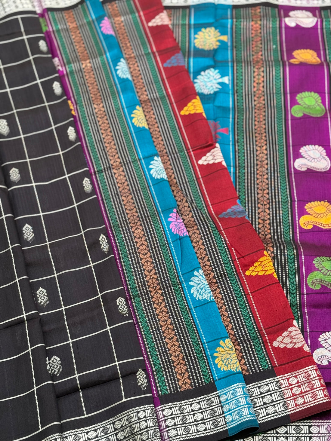 Black with multicoloured threadwork berhampuri silk patta