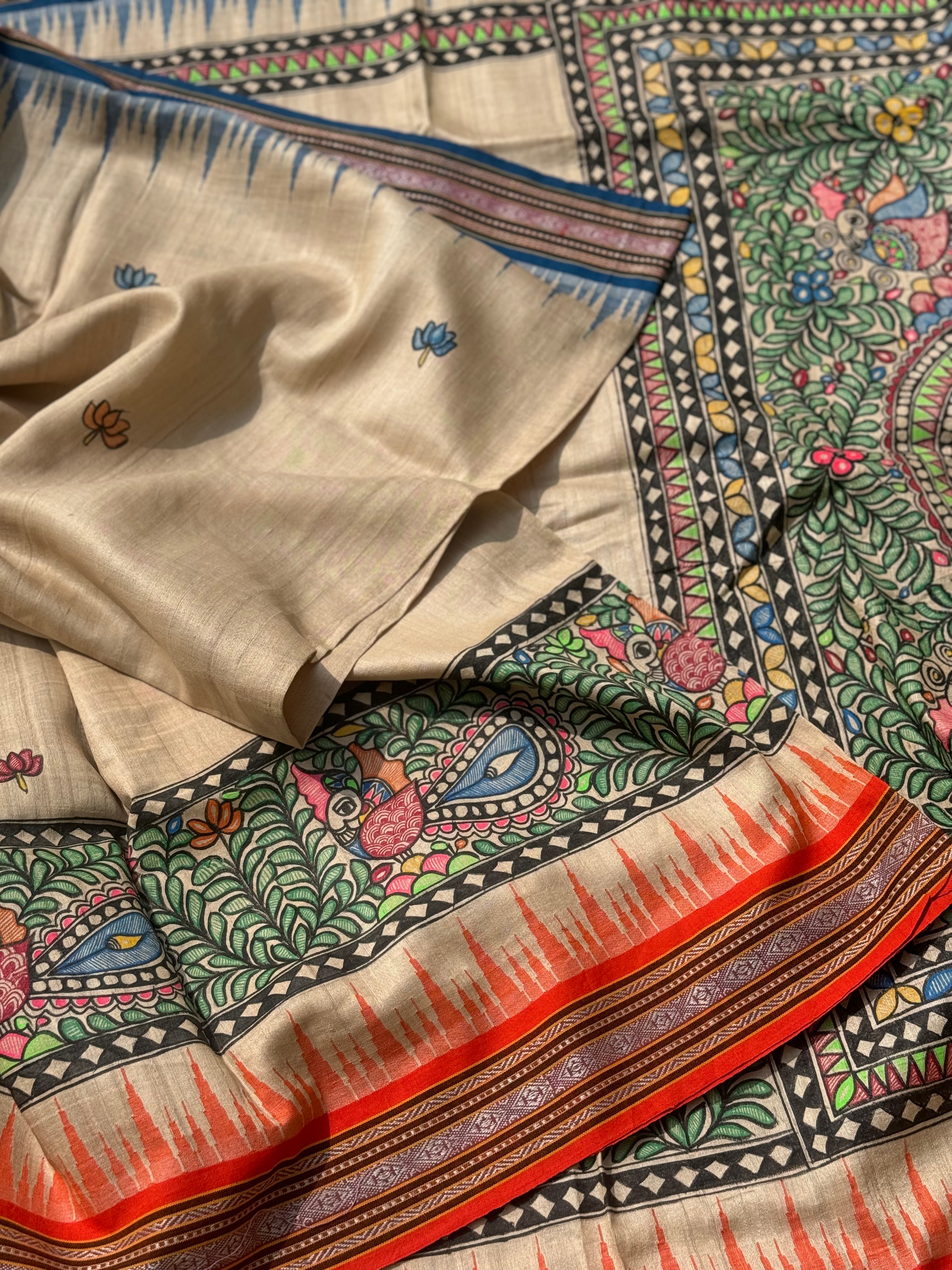 Madhubani folkart on Vidarbha tussar silk saree with Karvati kinar border