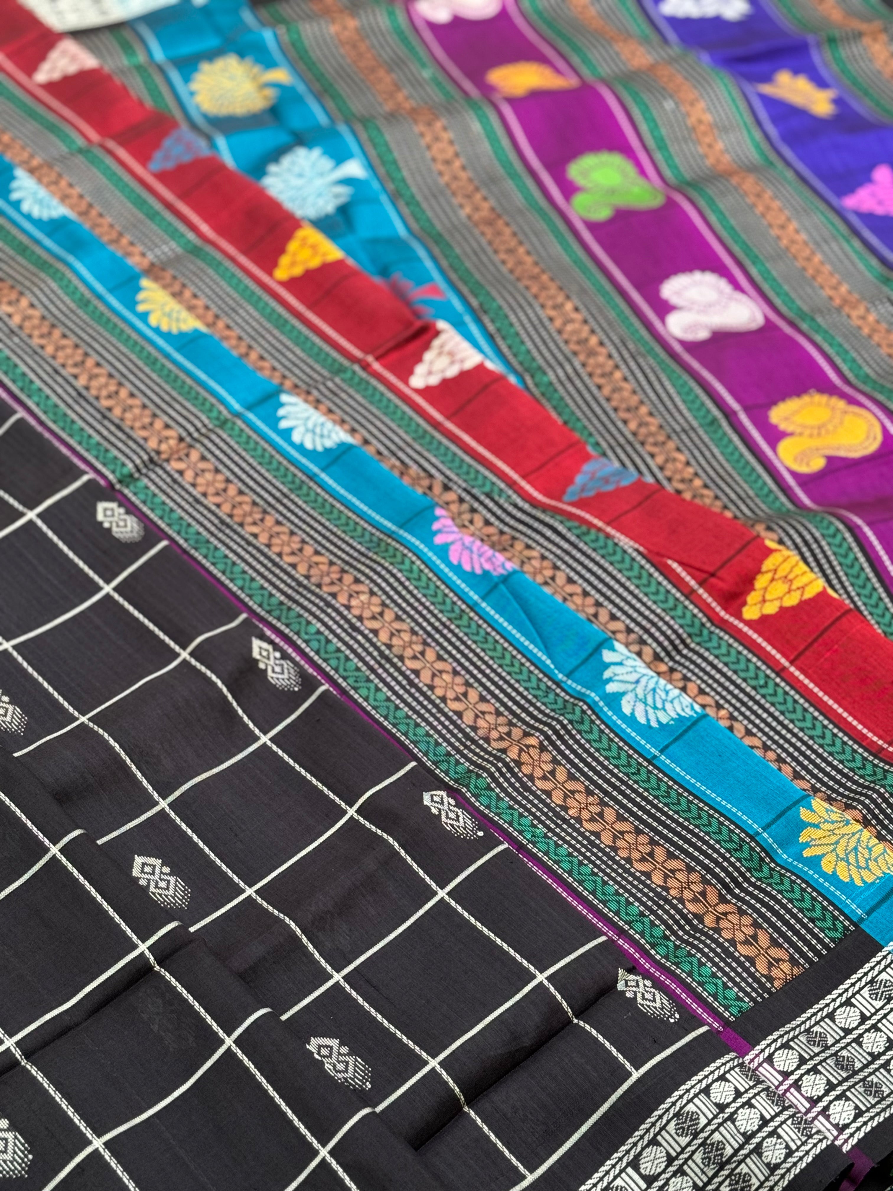 Black with multicoloured threadwork berhampuri silk patta