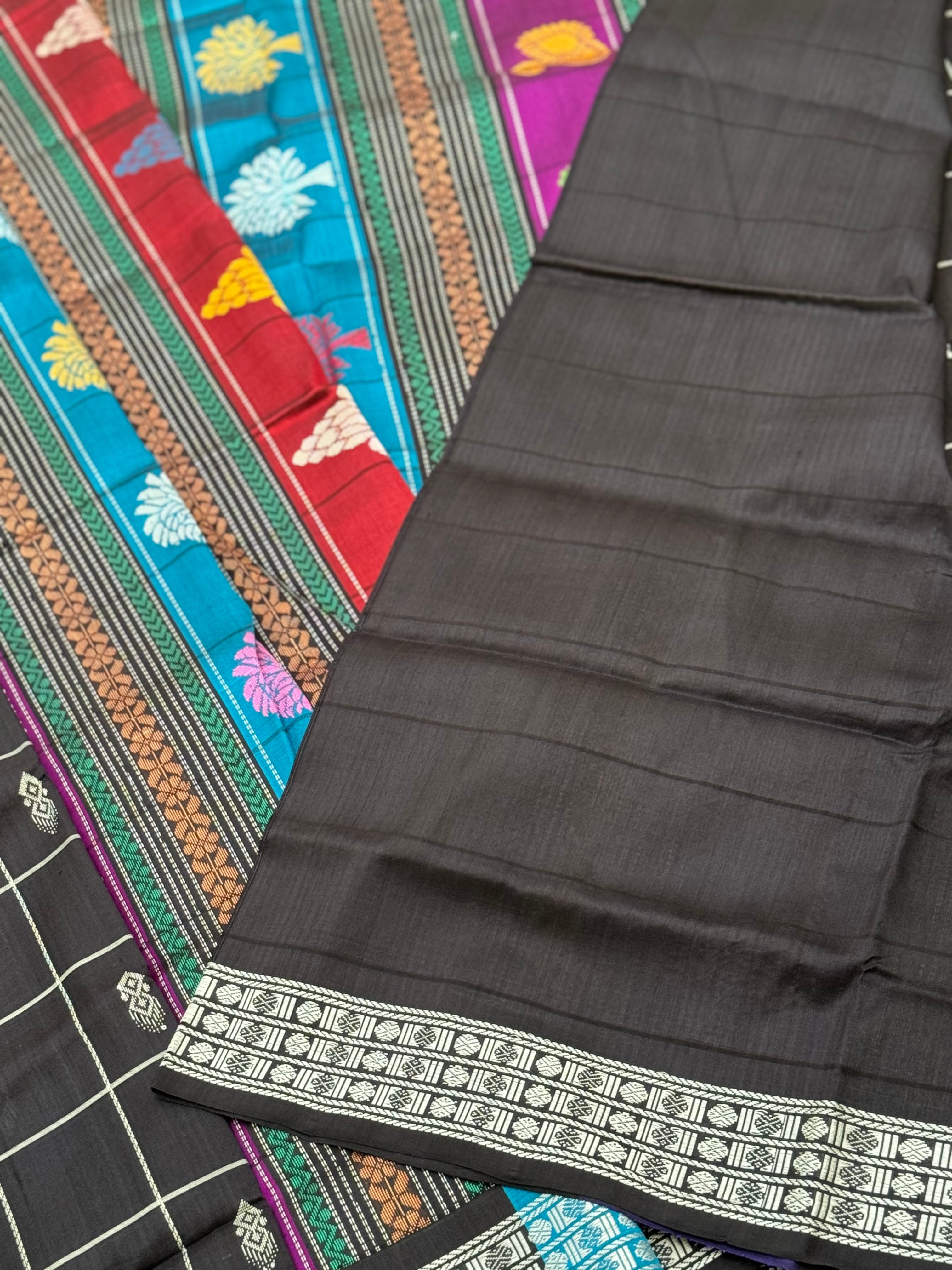 Black with multicoloured threadwork berhampuri silk patta