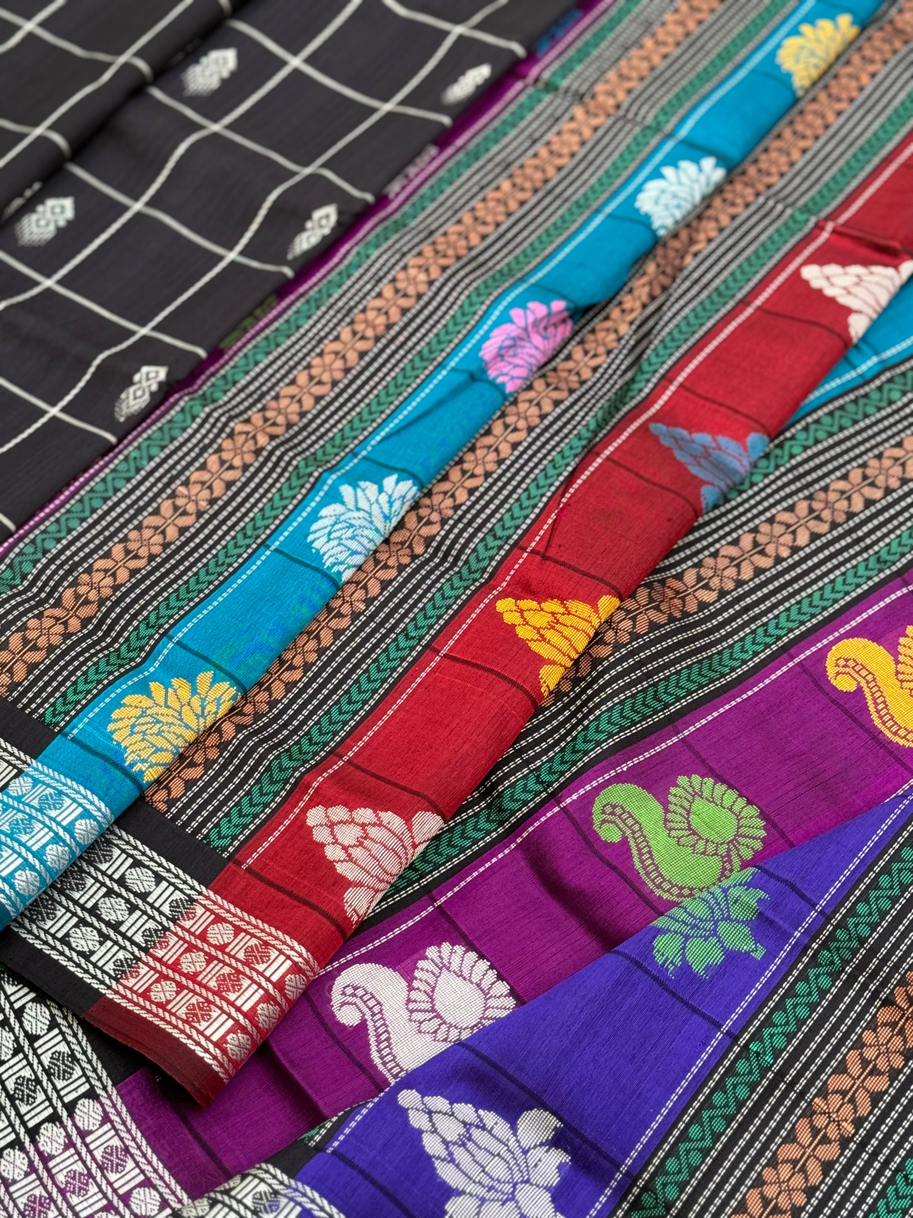 Black with multicoloured threadwork berhampuri silk patta