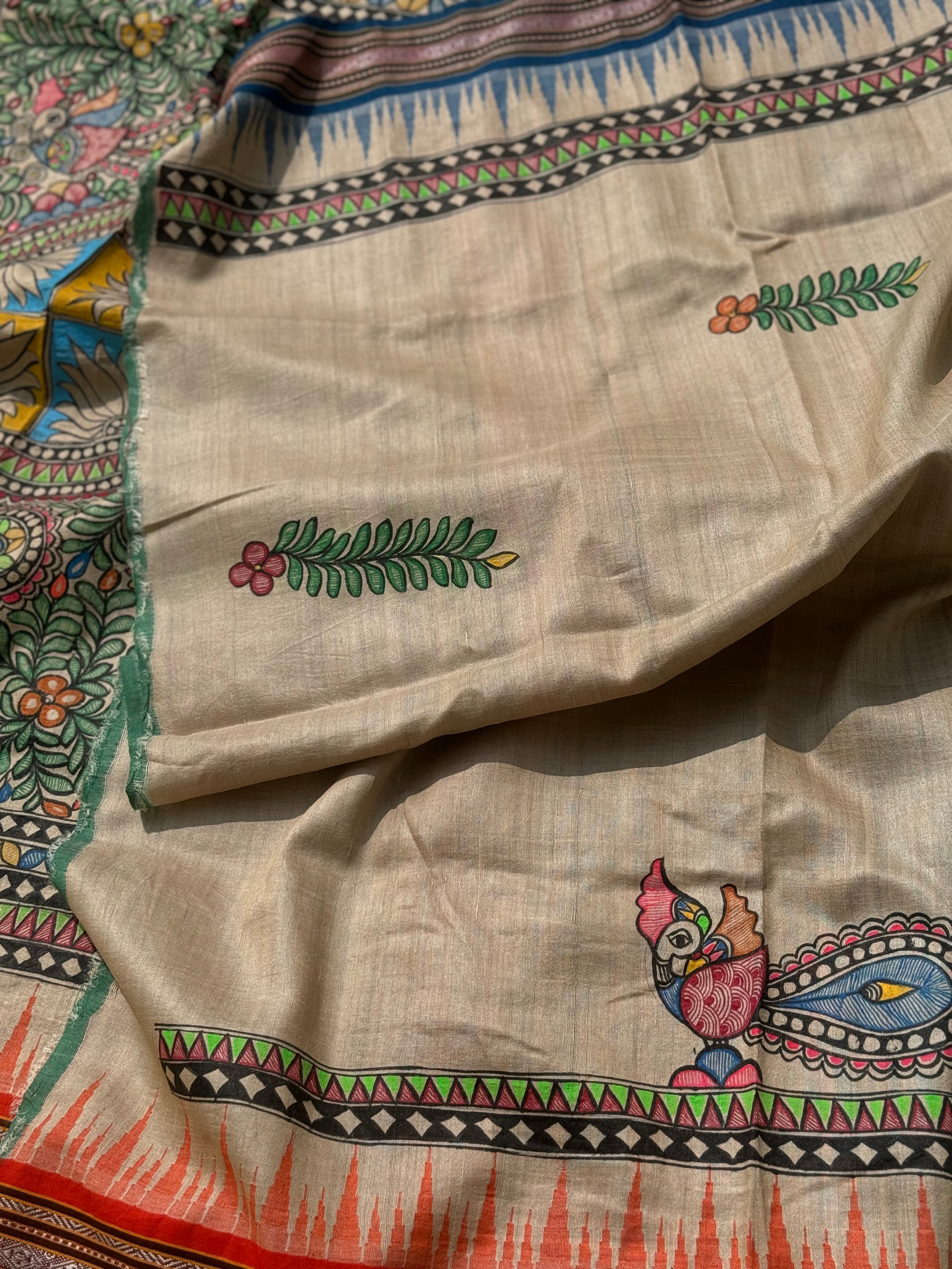 Madhubani folkart on Vidarbha tussar silk saree with Karvati kinar border