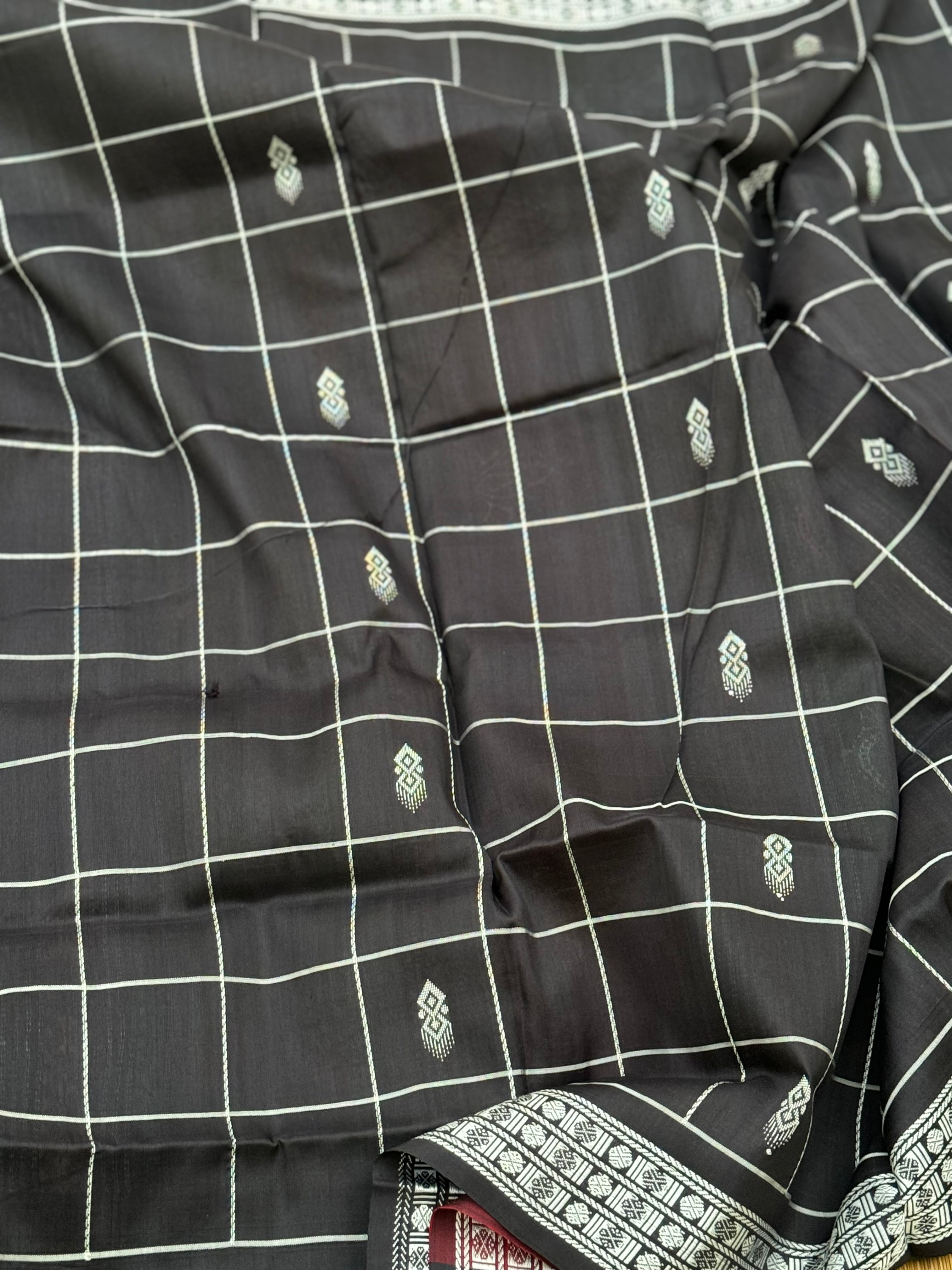 Black with multicoloured threadwork berhampuri silk patta