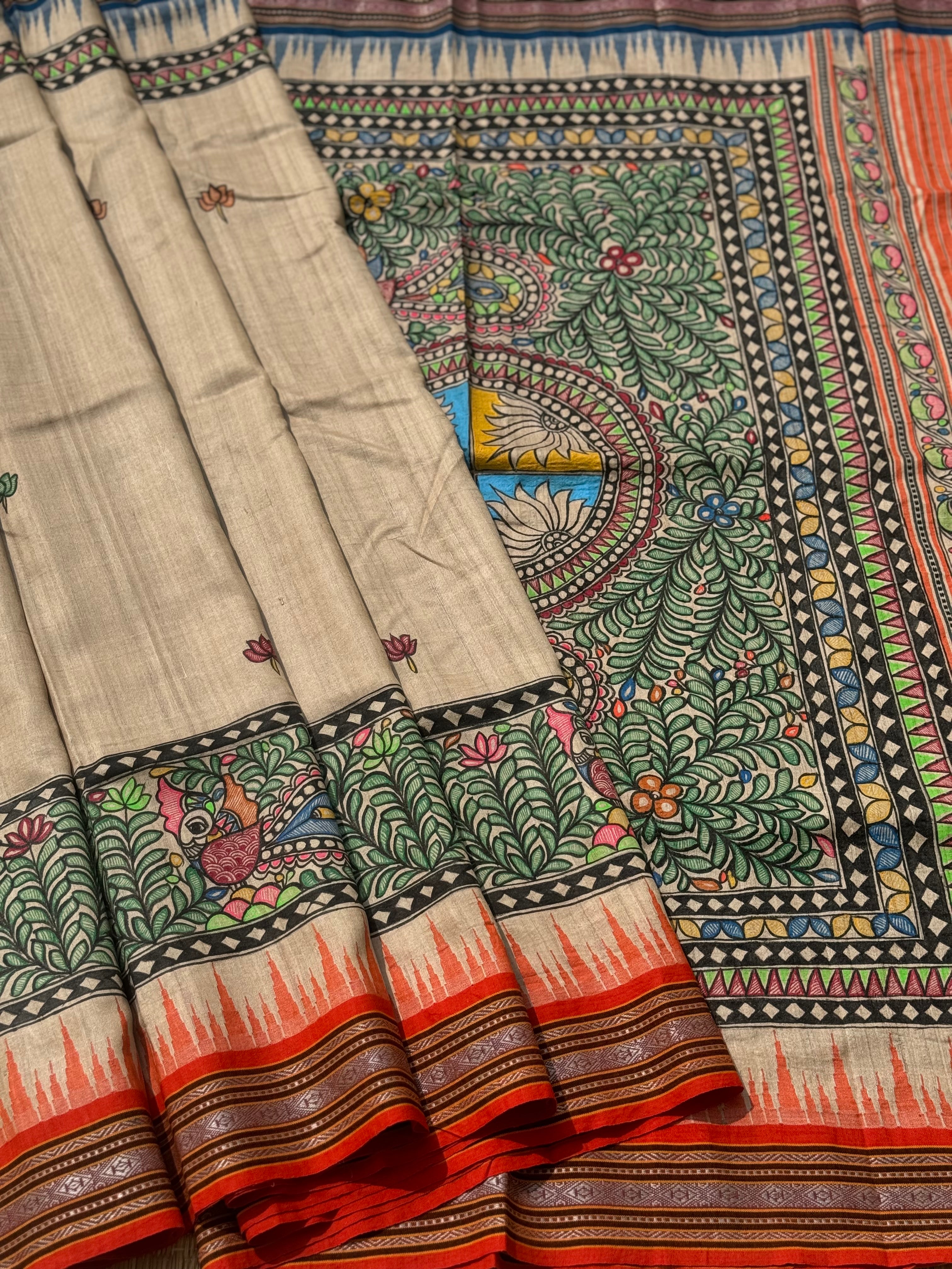 Madhubani folkart on Vidarbha tussar silk saree with Karvati kinar border