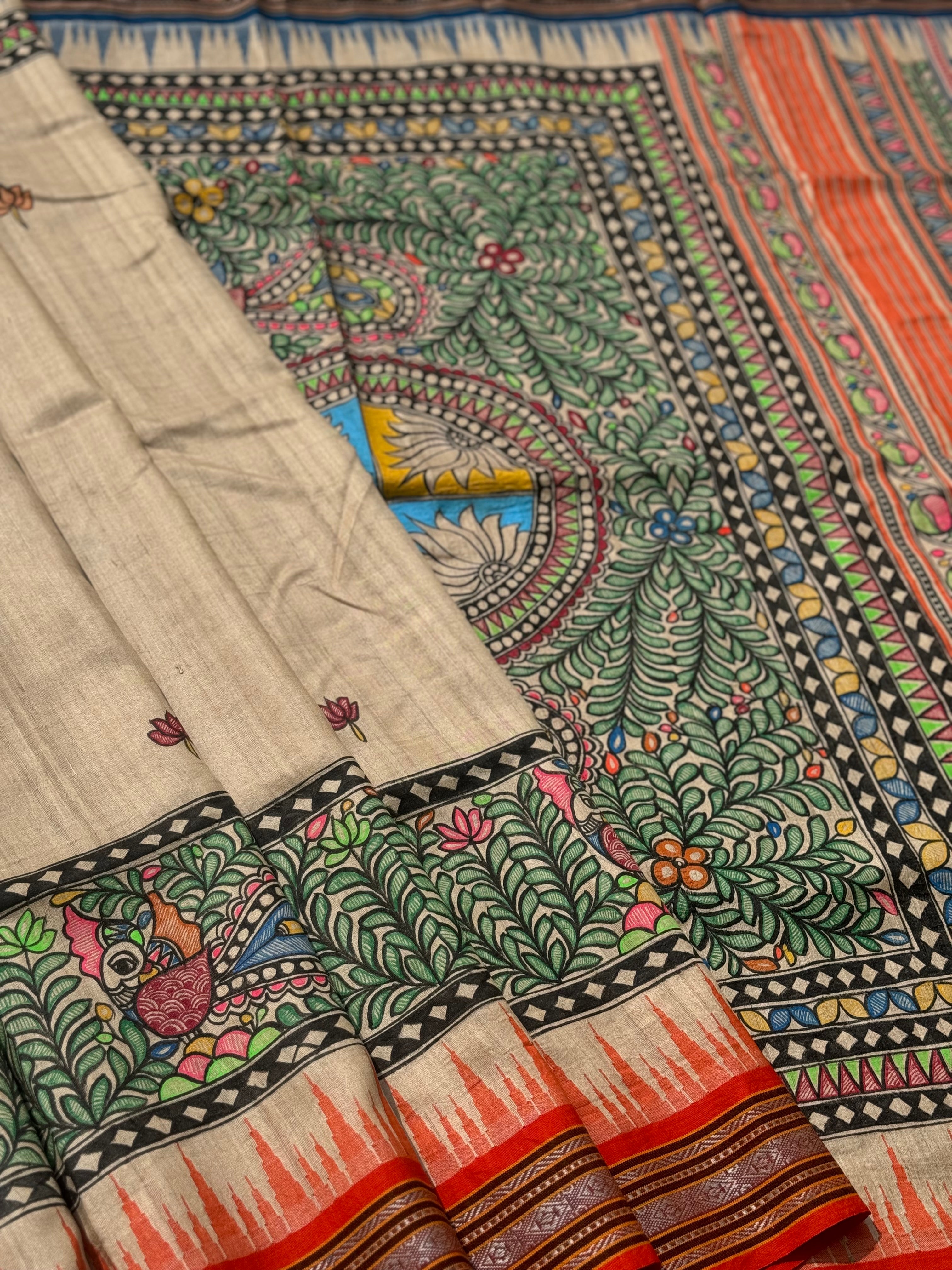 Madhubani folkart on Vidarbha tussar silk saree with Karvati kinar border