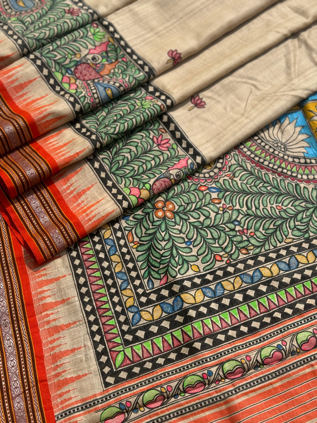 Madhubani folkart on Vidarbha tussar silk saree with Karvati kinar border