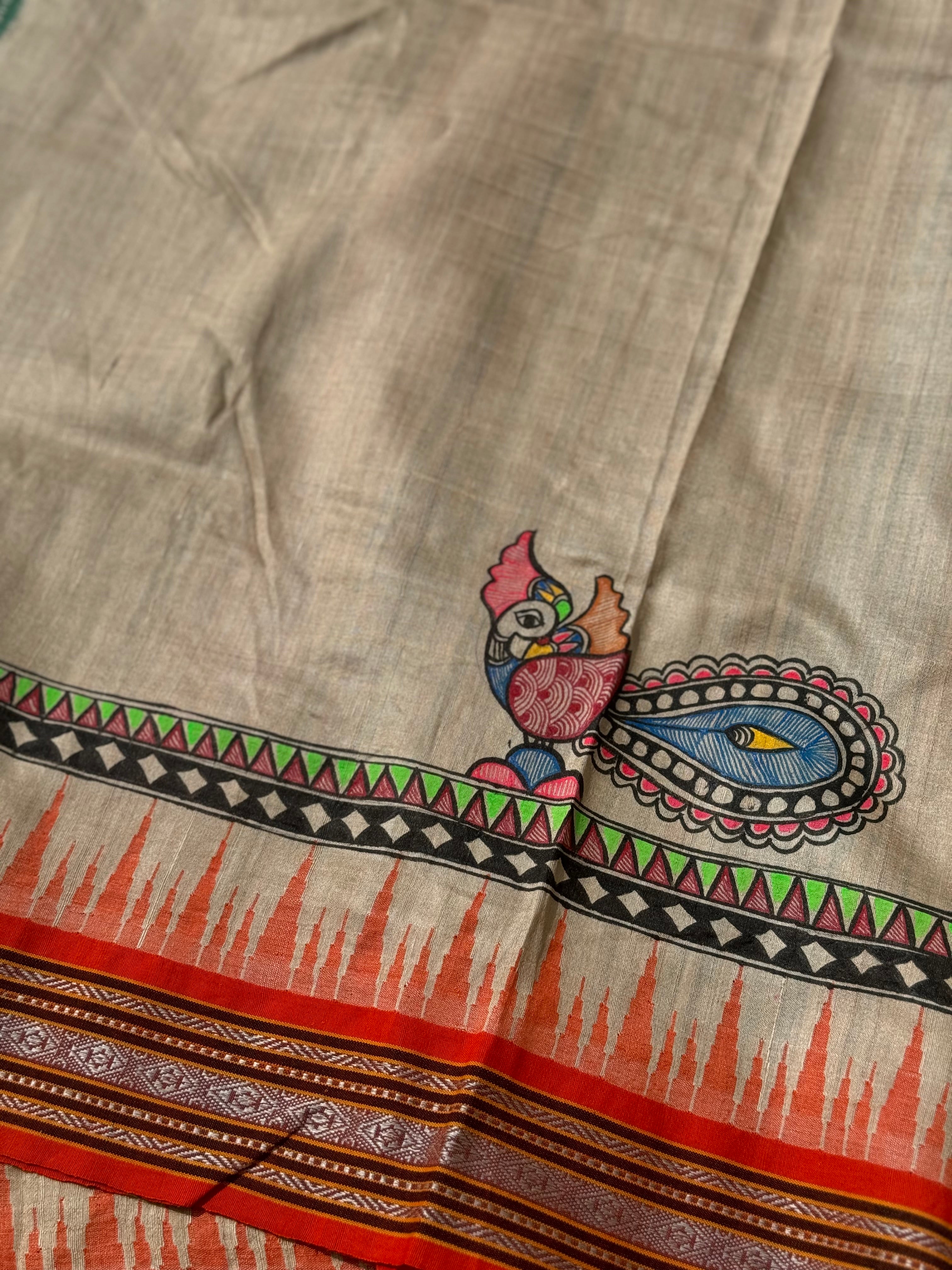 Madhubani folkart on Vidarbha tussar silk saree with Karvati kinar border