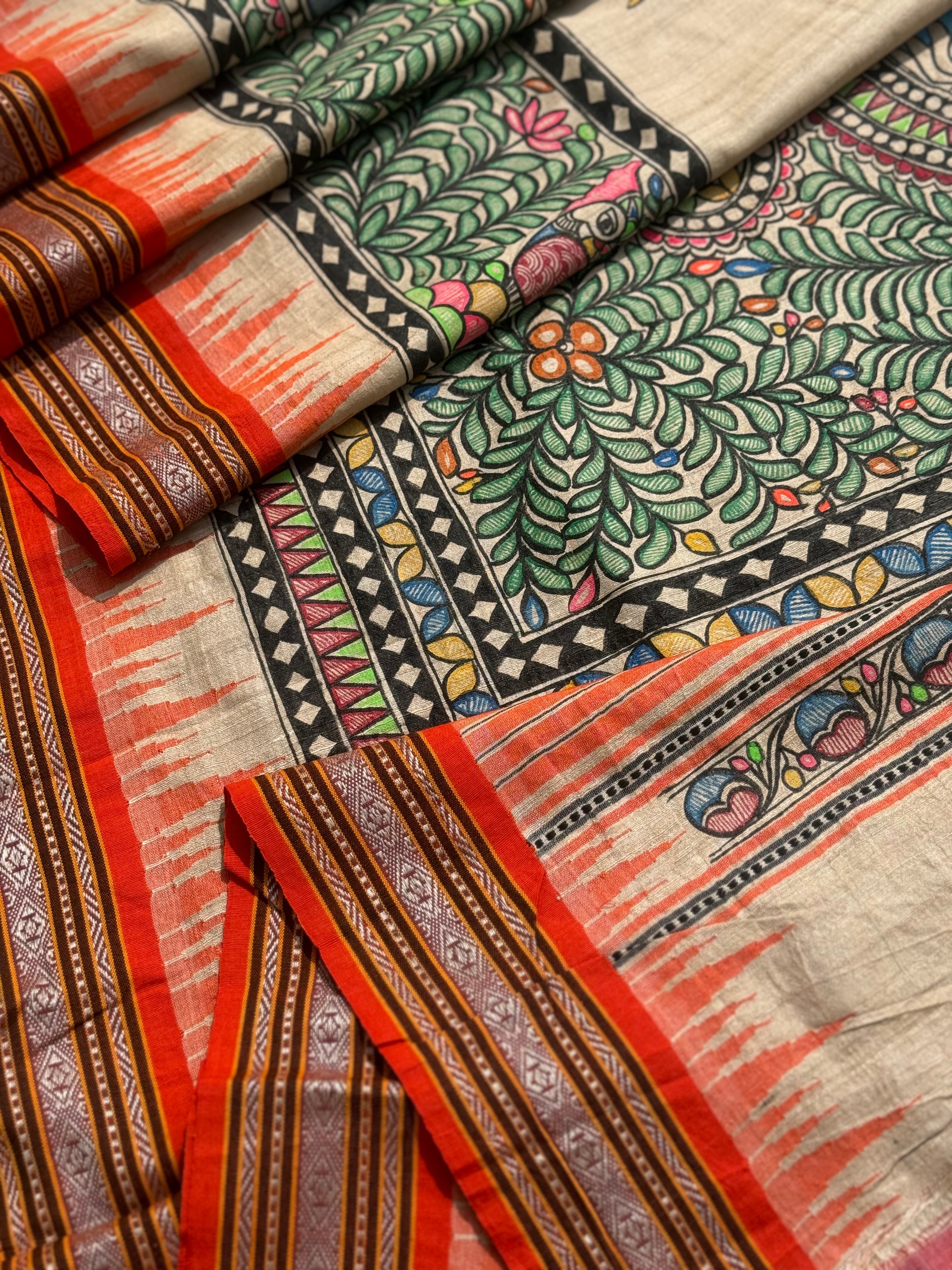 Madhubani folkart on Vidarbha tussar silk saree with Karvati kinar border
