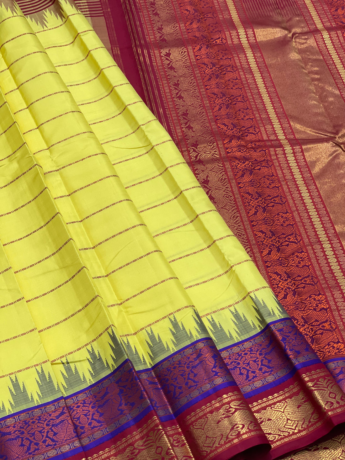 Lemon yellow with Burgundy RettaiKorvai Masterpiece Kanchivaram Silk Saree