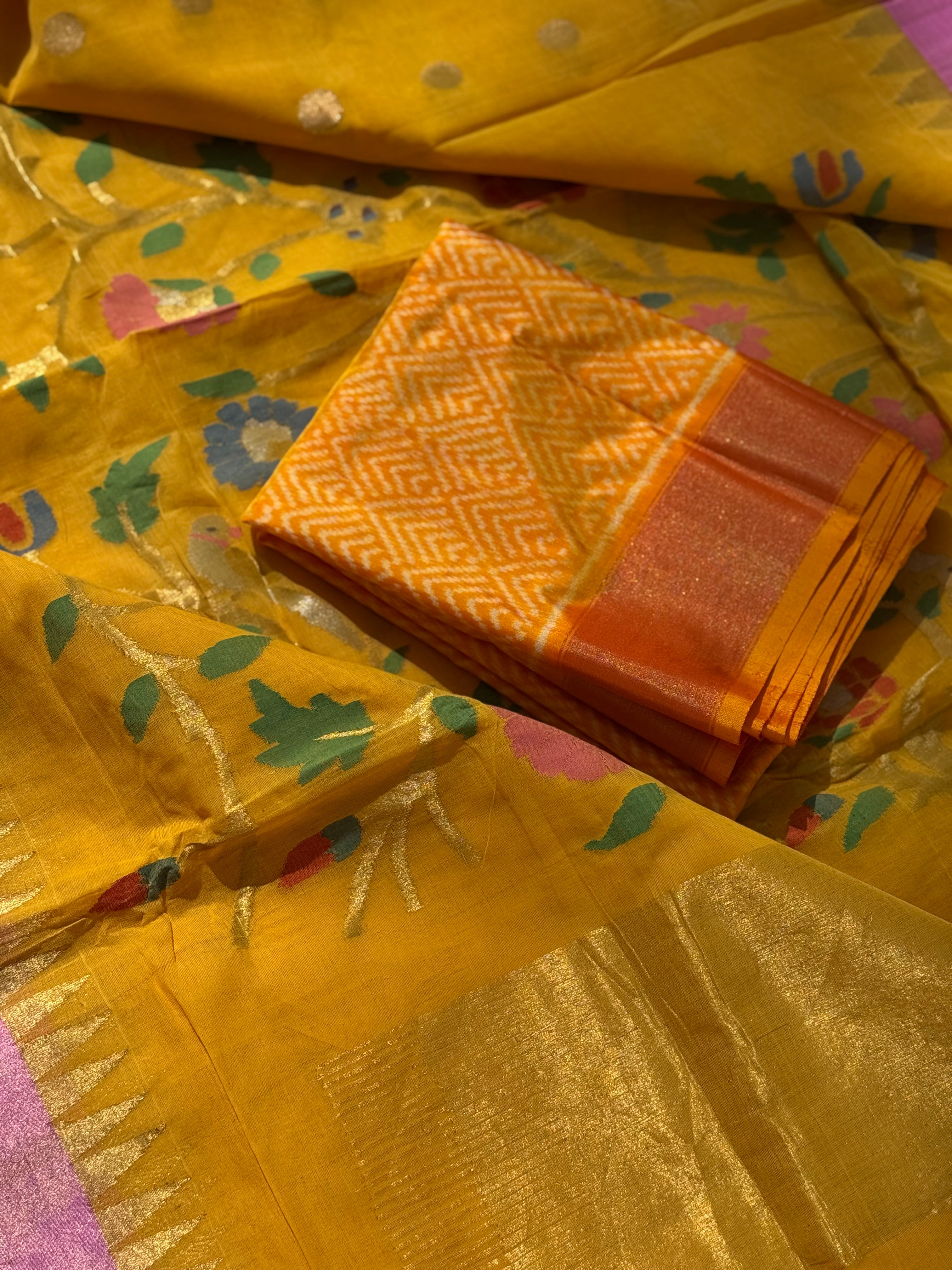 Haldi yellow with pink Handspun Ponduru Khadhi cotton saree with pallu full jaal jamdani weave