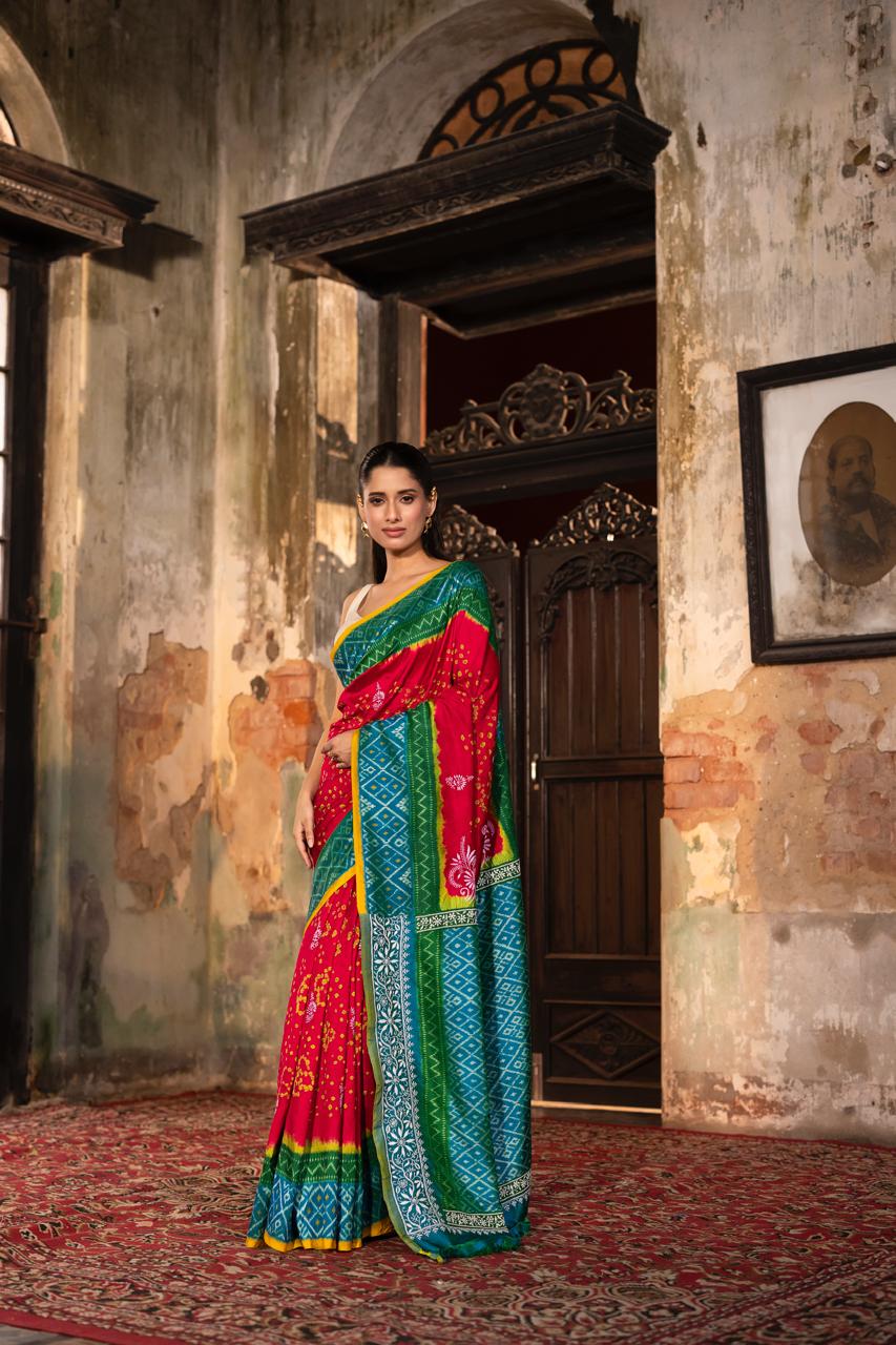 A Mulberry silk ikkat saree adorned with hand embroidery Chikankari work