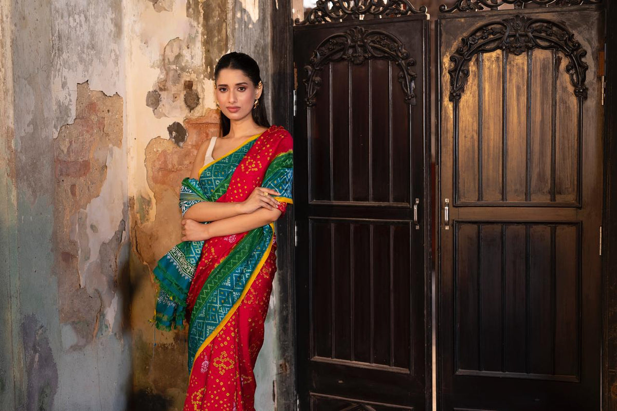 A Mulberry silk ikkat saree adorned with hand embroidery Chikankari work