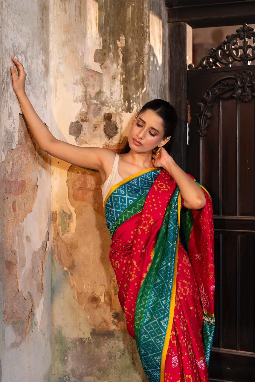A Mulberry silk ikkat saree adorned with hand embroidery Chikankari work