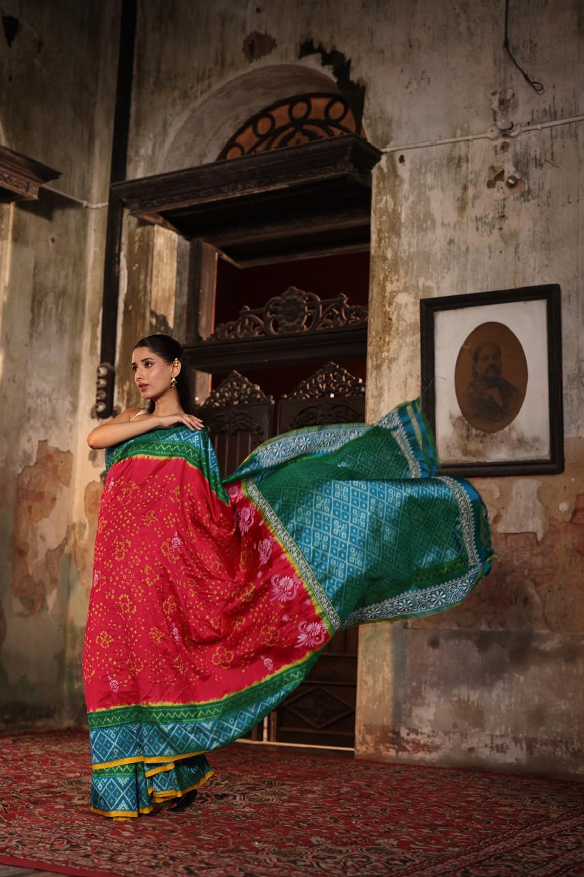 A Mulberry silk ikkat saree adorned with hand embroidery Chikankari work