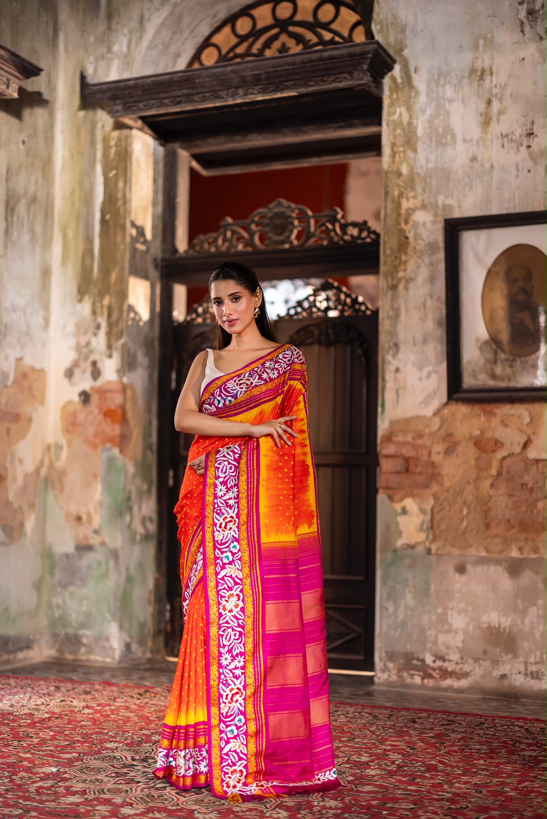 Parsi Gara with Rai Bhandej stunning Korvai Kanchivaram in orangish yellow with pink
