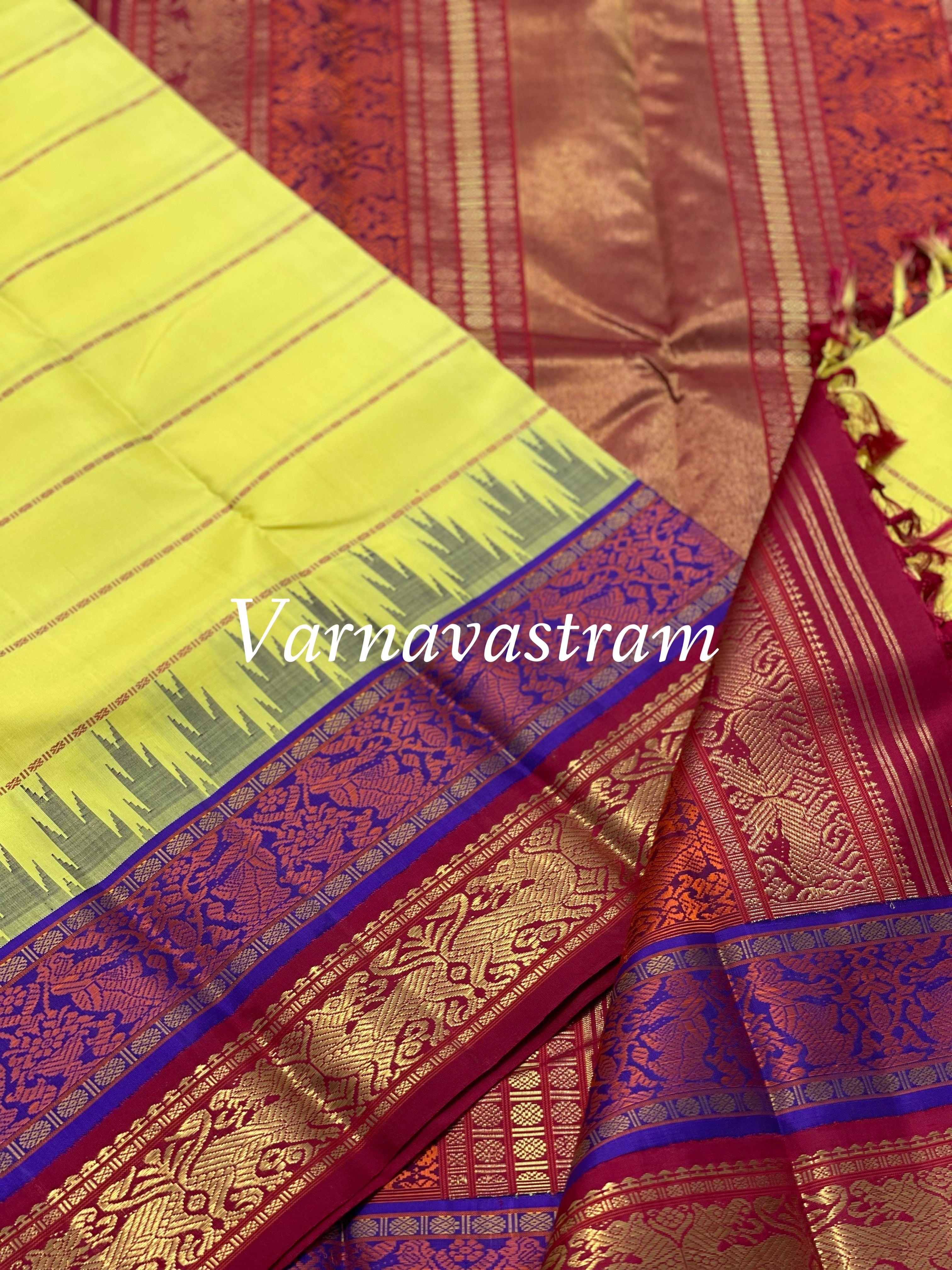 Lemon yellow with Burgundy RettaiKorvai Masterpiece Kanchivaram Silk Saree