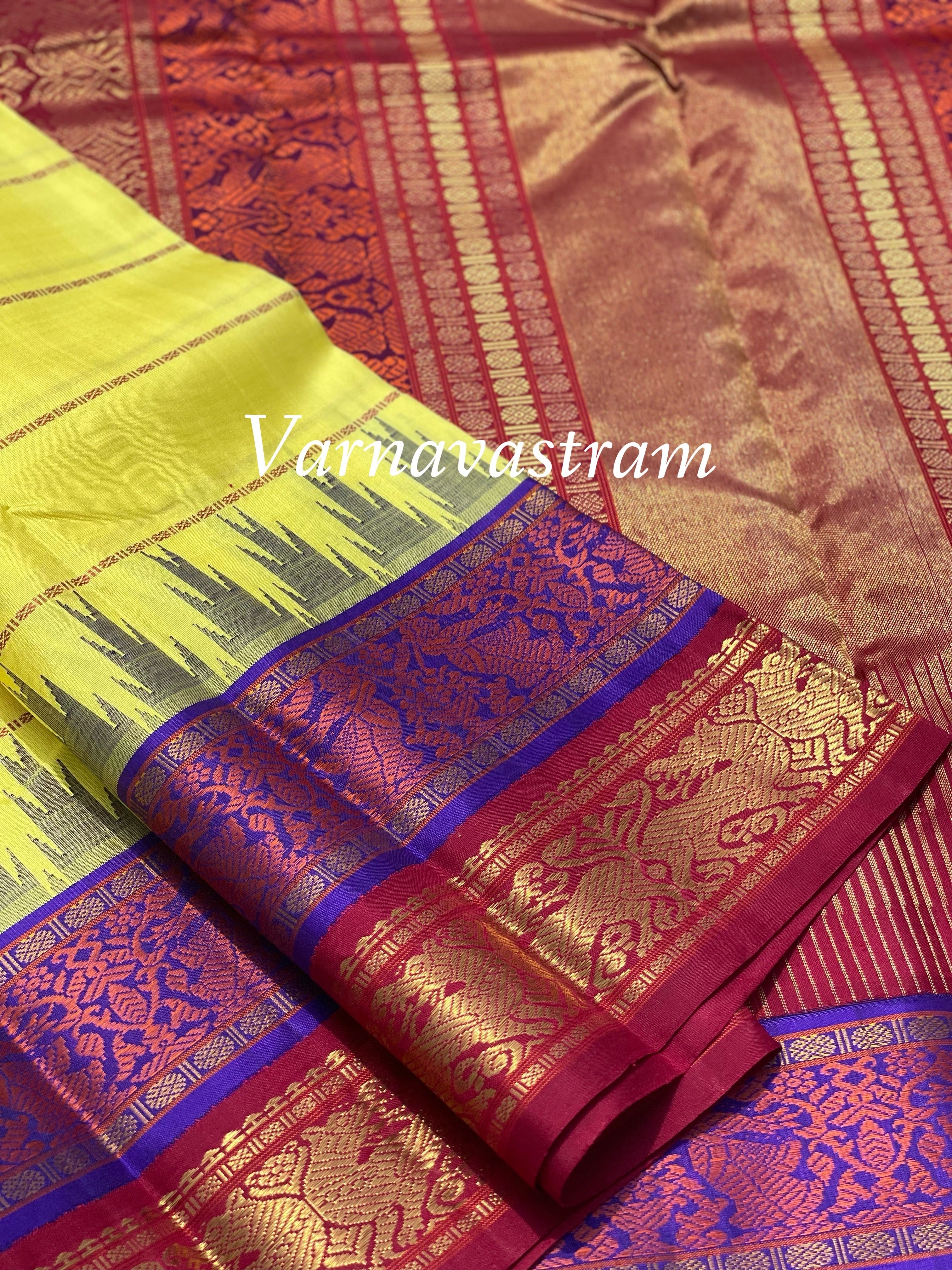 Lemon yellow with Burgundy RettaiKorvai Masterpiece Kanchivaram Silk Saree