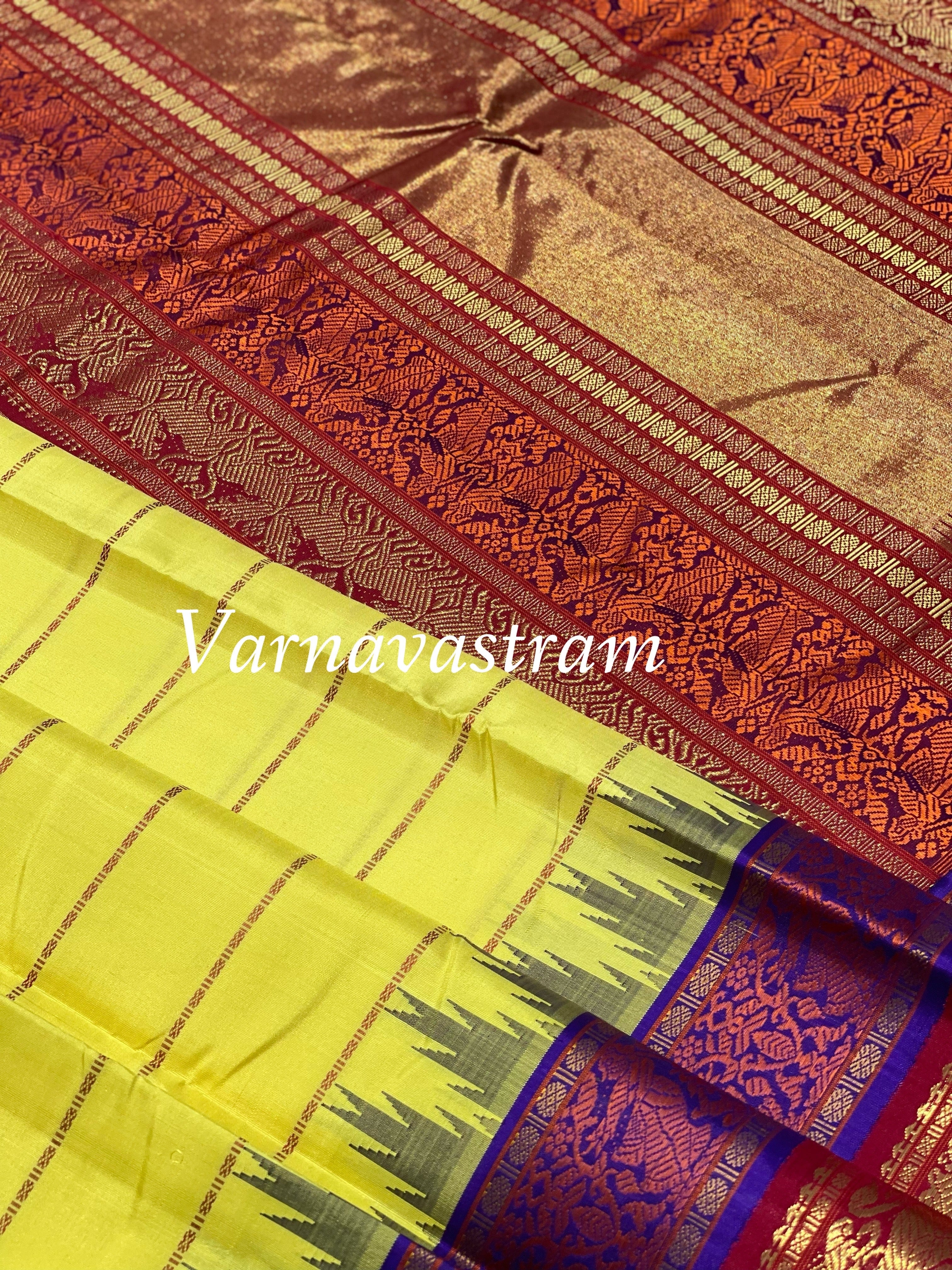 Lemon yellow with Burgundy RettaiKorvai Masterpiece Kanchivaram Silk Saree