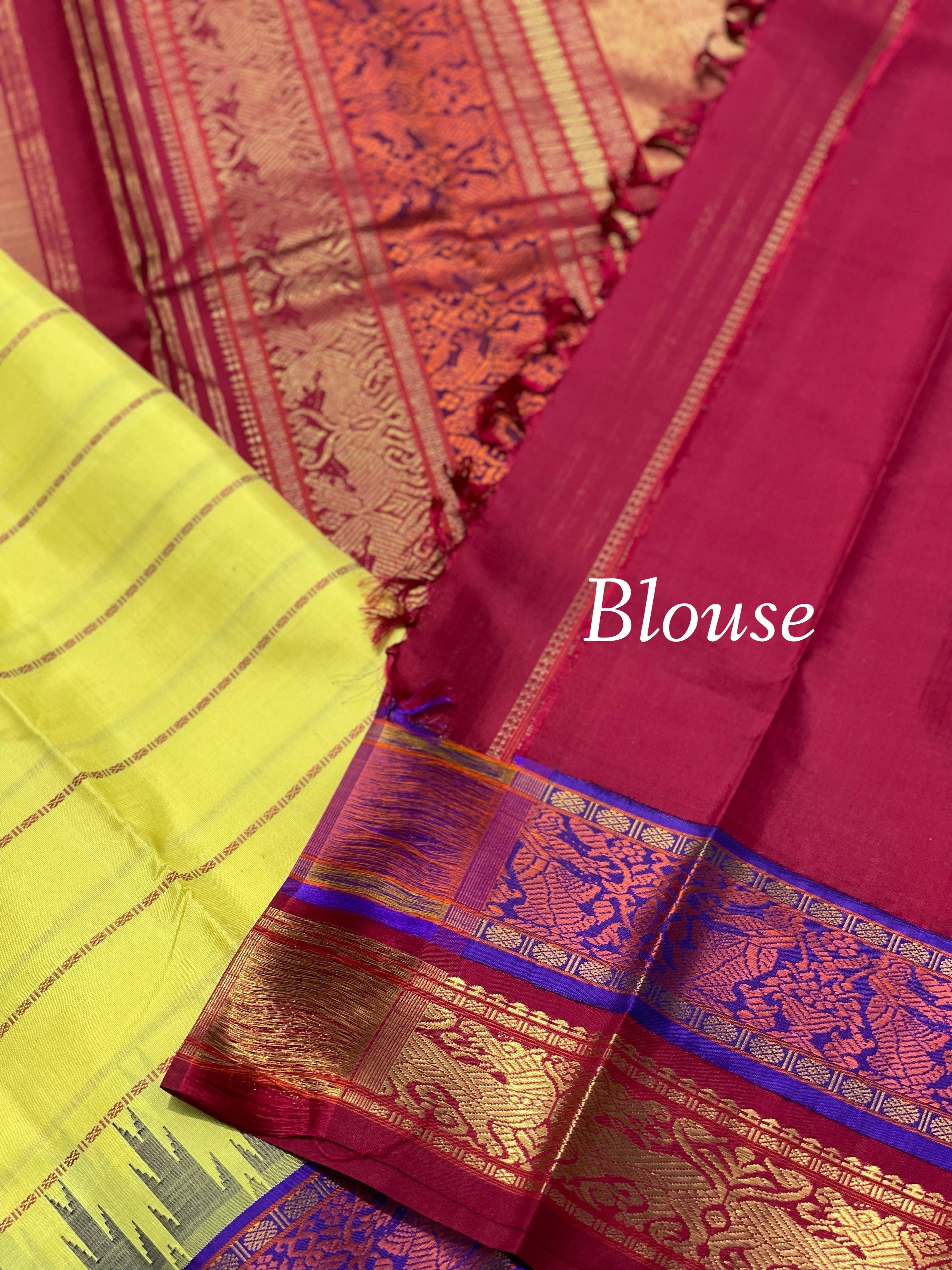 Lemon yellow with Burgundy RettaiKorvai Masterpiece Kanchivaram Silk Saree